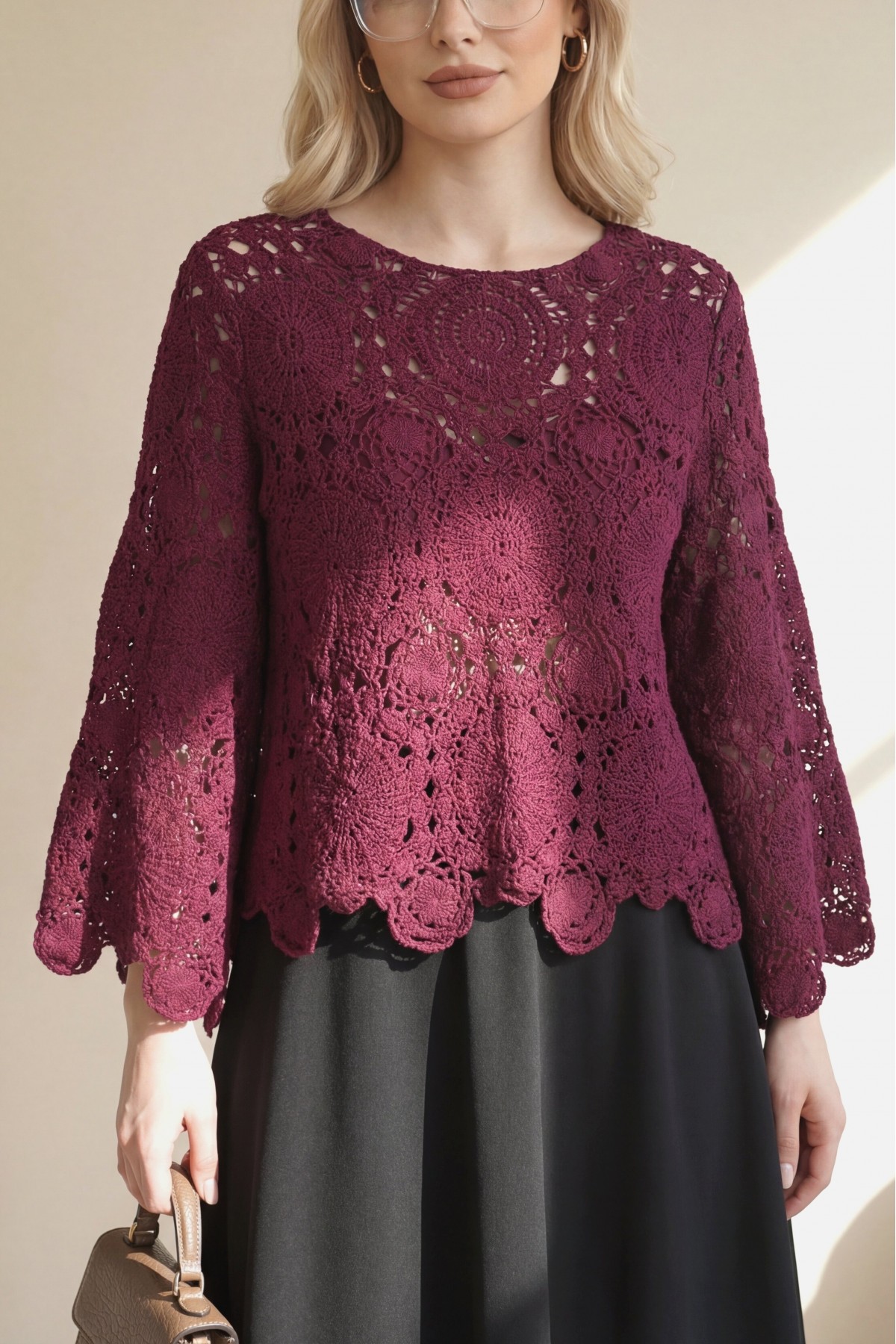 Round Neck Spanish Sleeve Knitted Blouse -Maroon