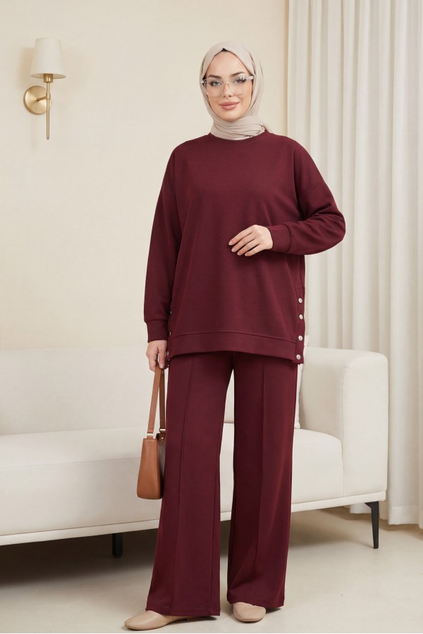 Yanları Çıtçıtlı Çimalı Pantolonlu Oyşo Takım  -Bordo
