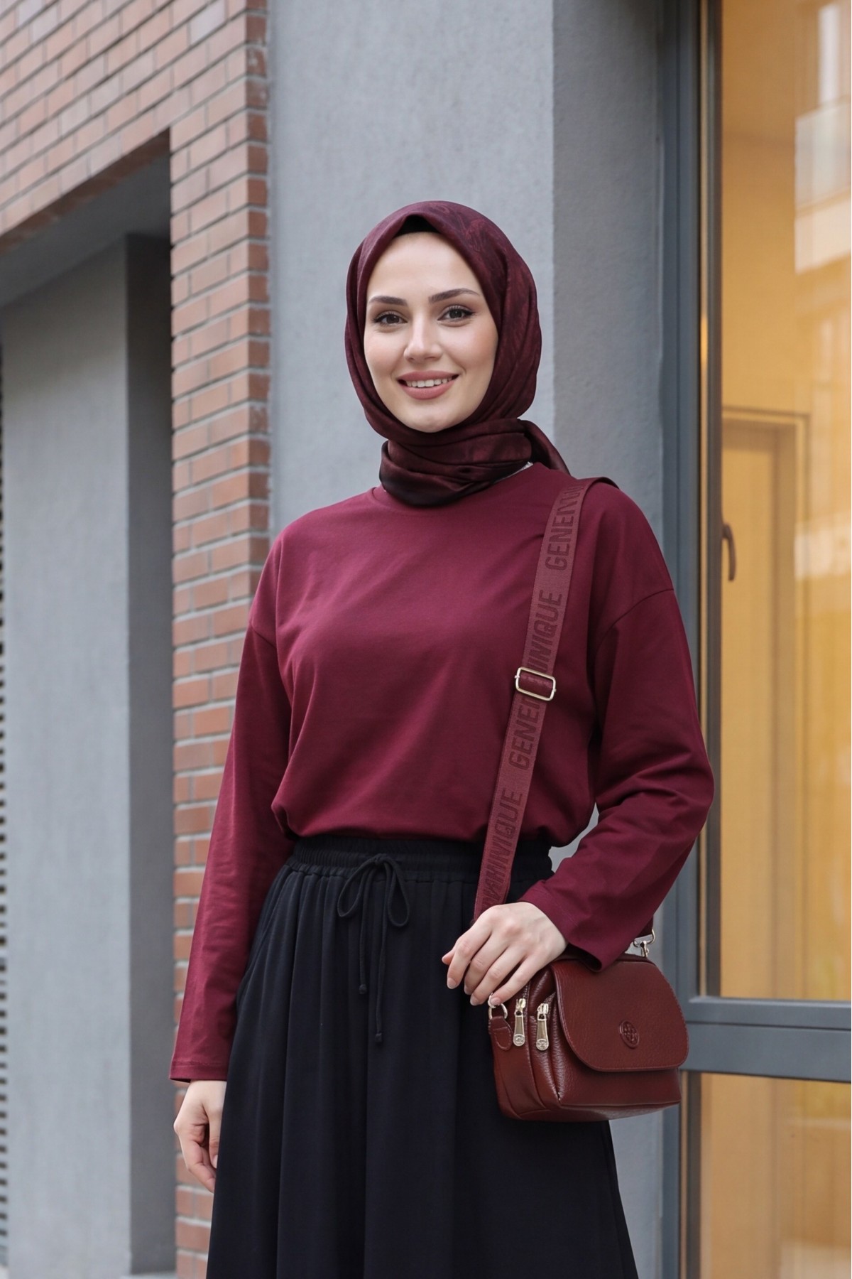 Crew Neck Long Sleeve Oversize Cotton Sweatshirt  -Maroon