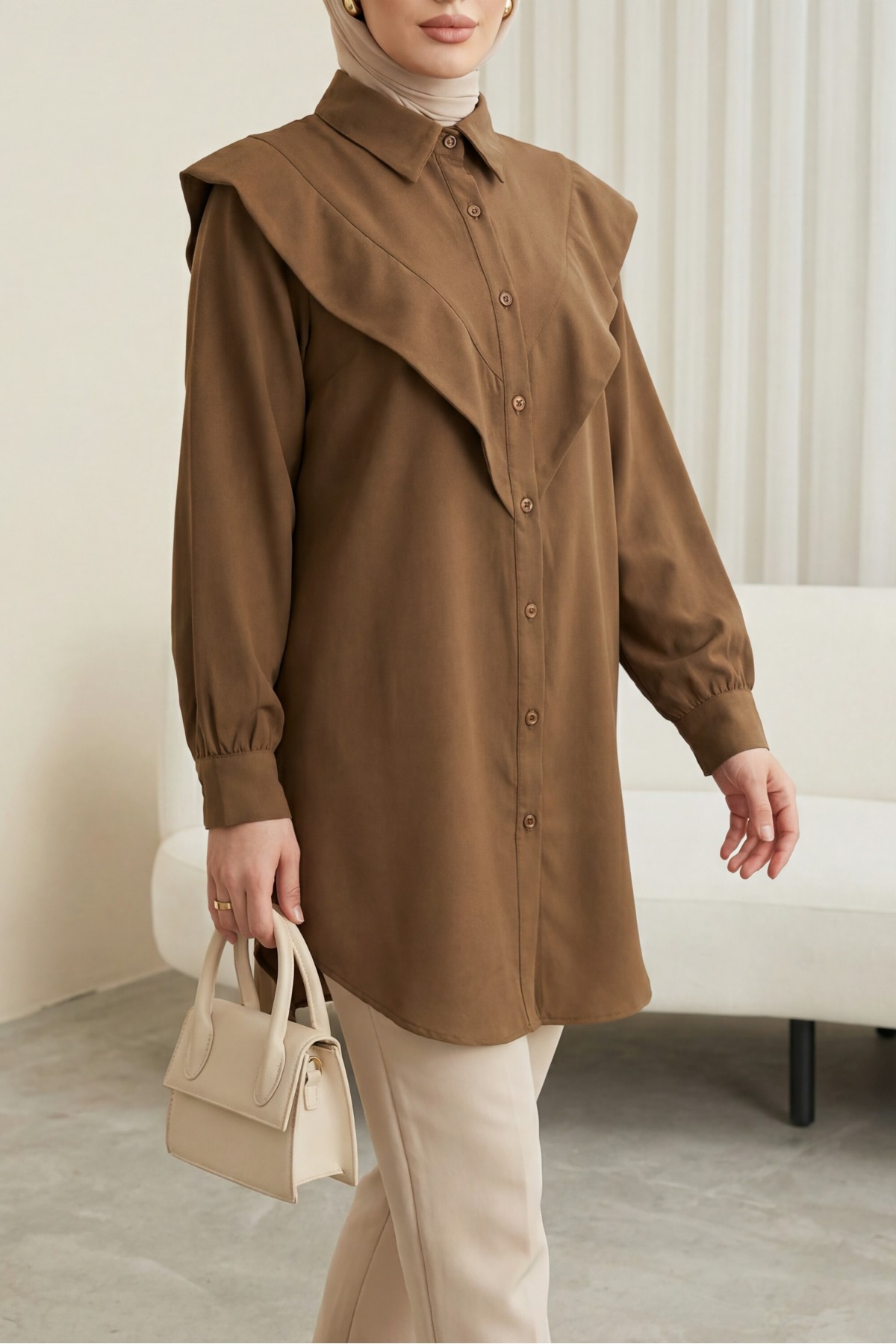V-Detailed Long Back Buttoned Imported Crepe Tunic -Brown