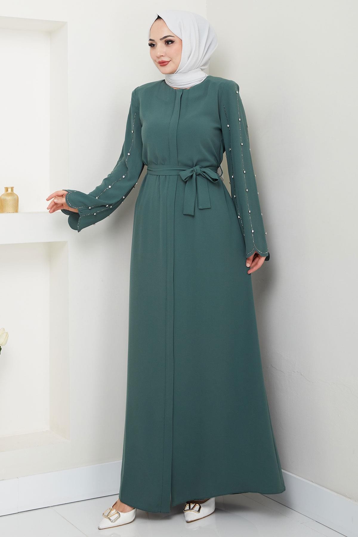 Green Abaya with Stone Embellished Sleeves and Hidden Placket HM2152
