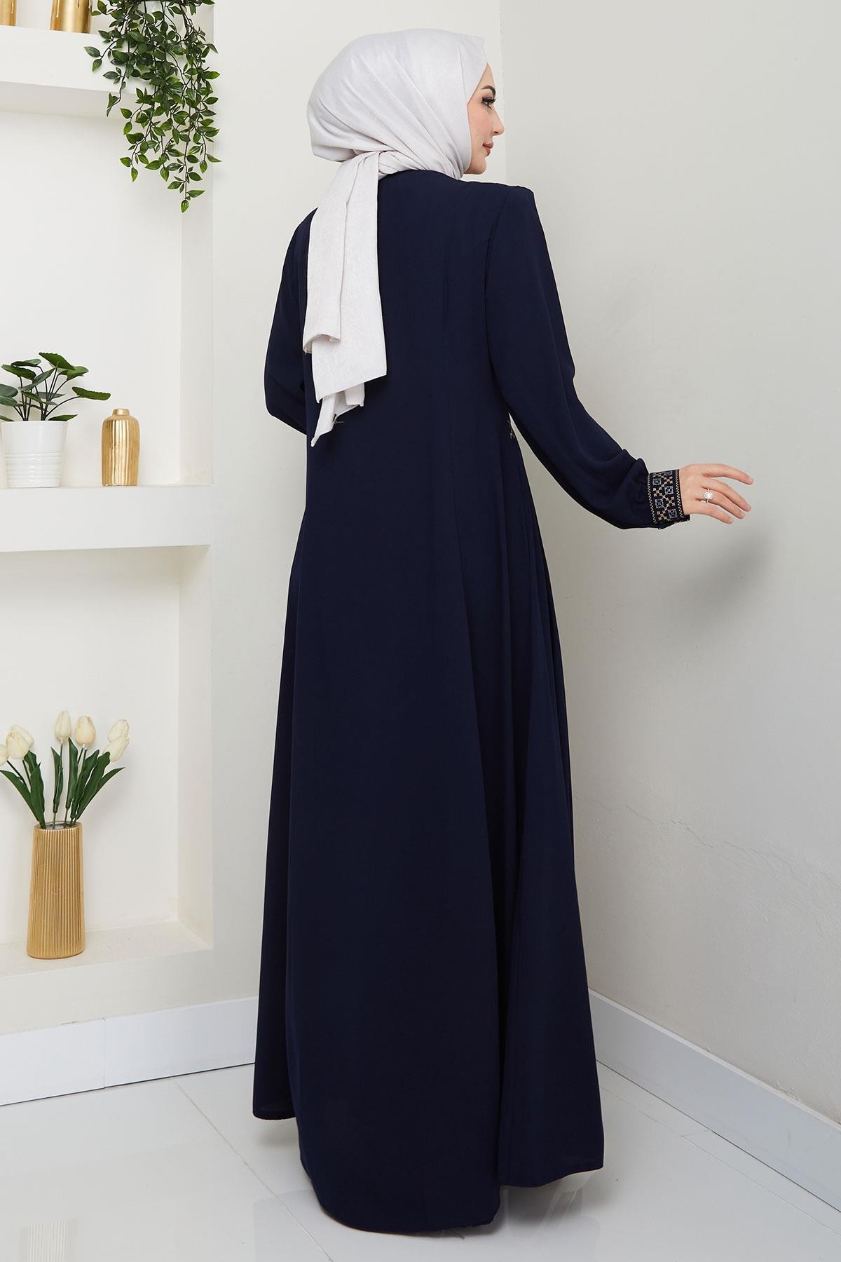 Embroidered Plus Size Abaya Navy Blue HM2280