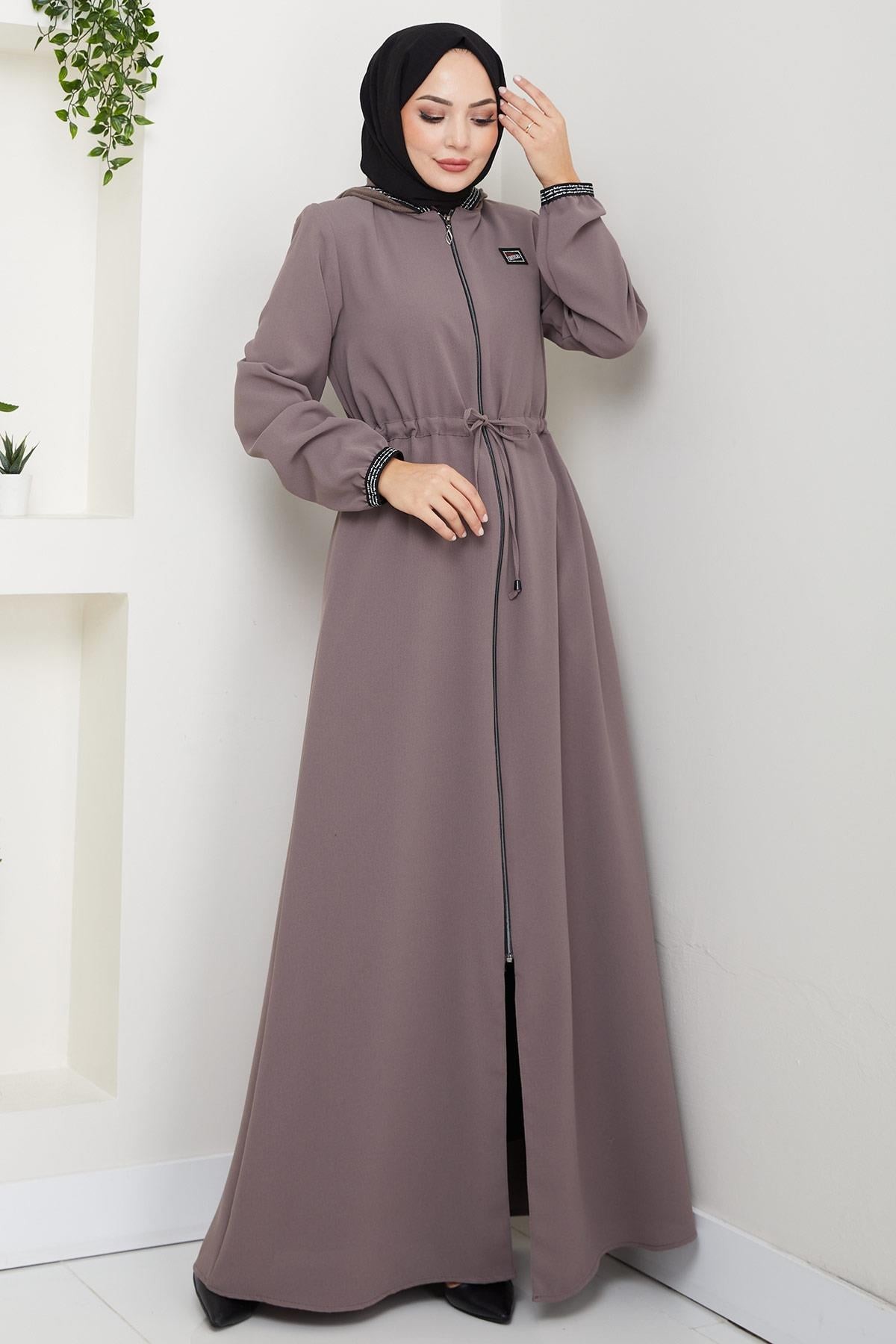 Mesh Hooded Tie-Up Abaya Light Brown HM2360