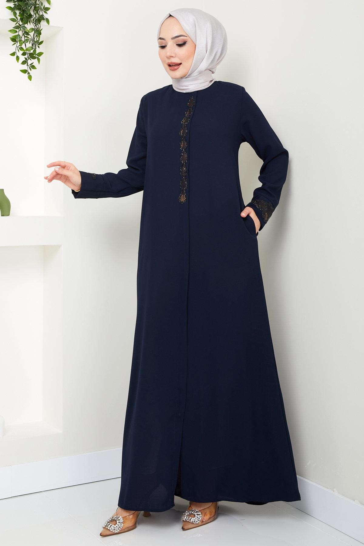 Drop Stone Detail Abaya Navy Blue HM2435