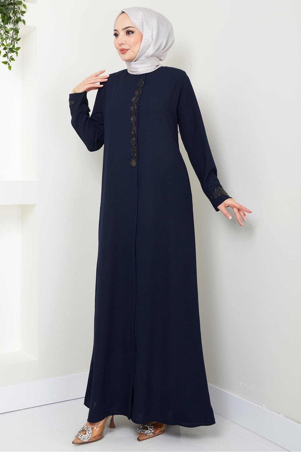 Drop Stone Detail Abaya Navy Blue HM2435