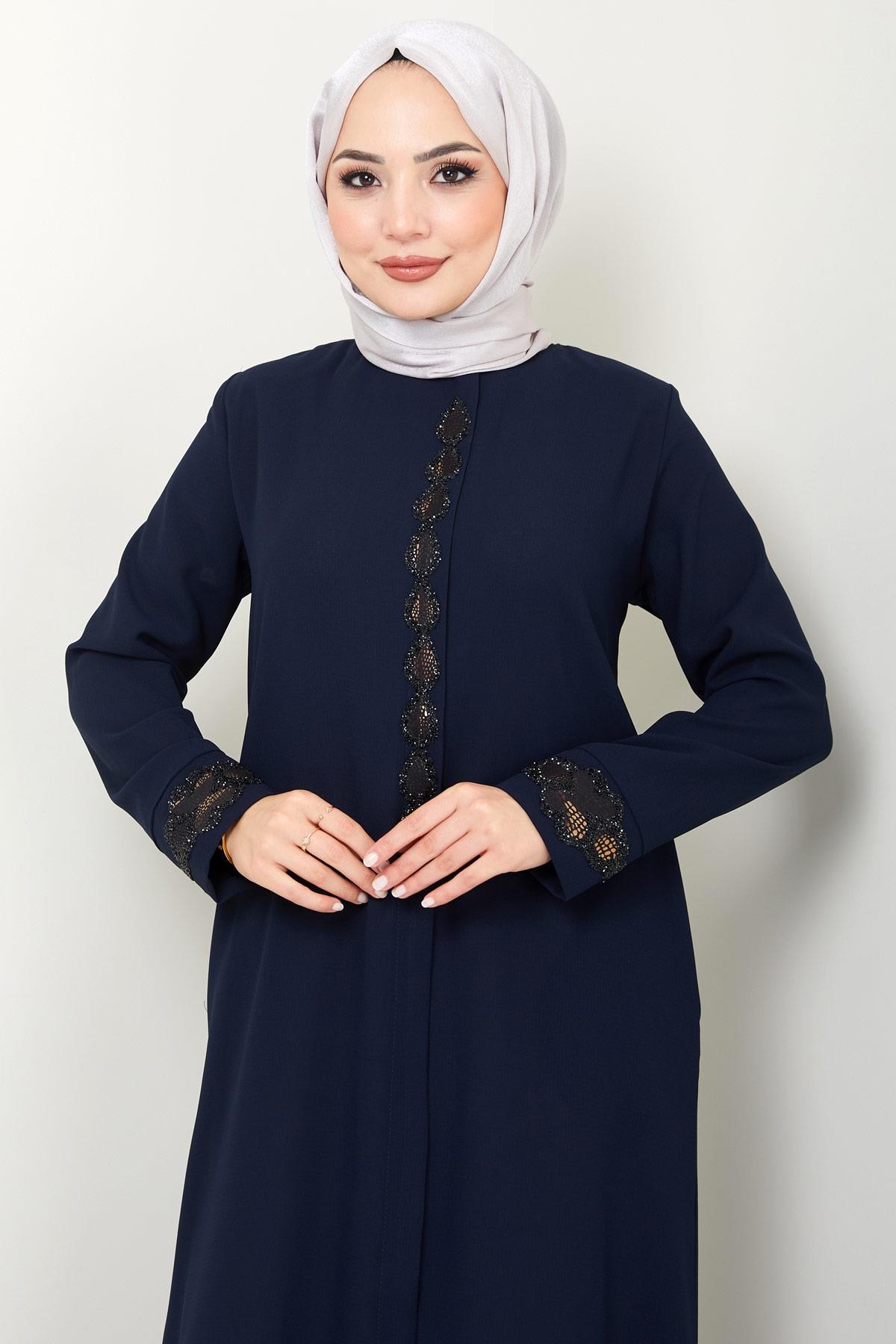 Drop Stone Detail Abaya Navy Blue HM2435