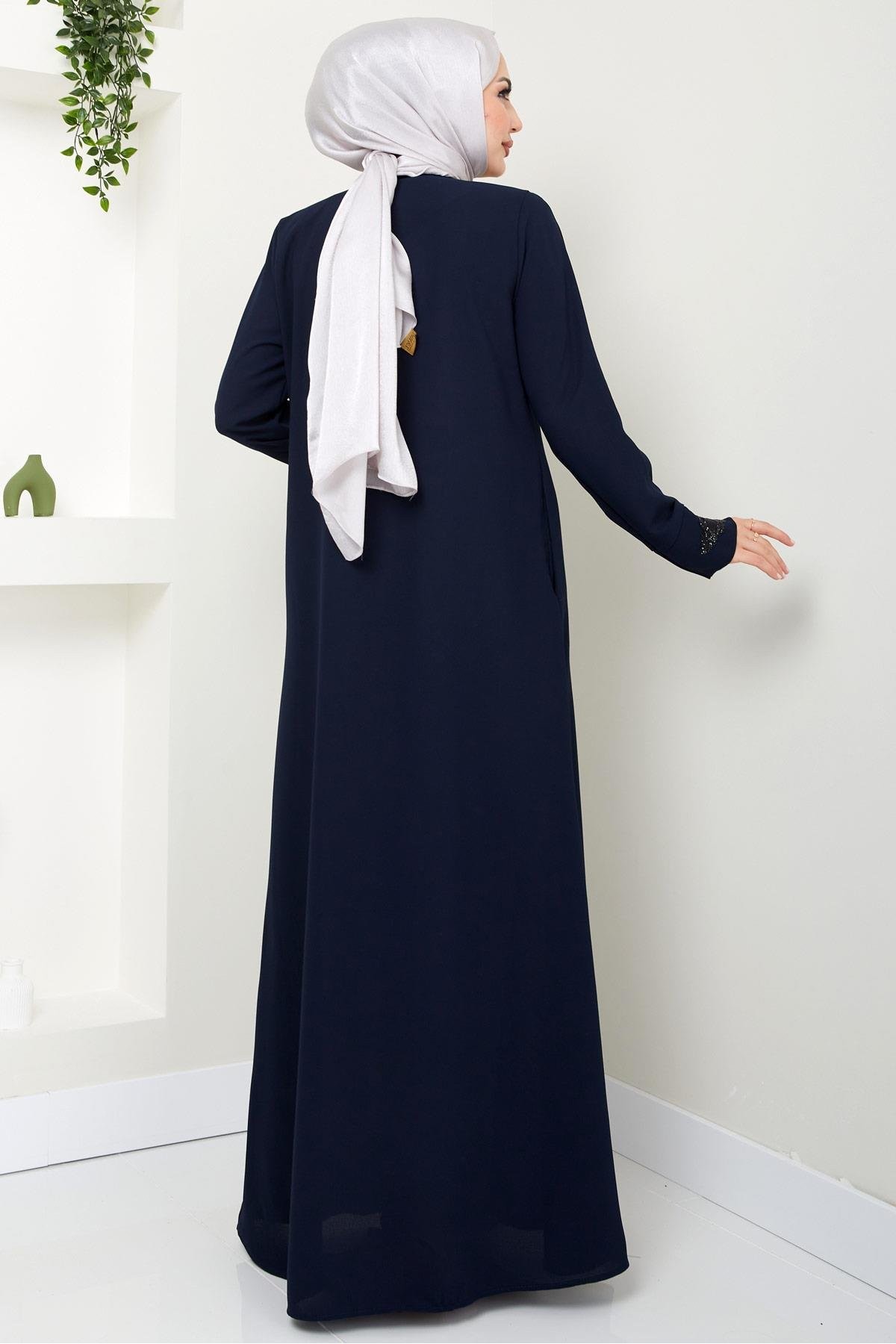 Drop Stone Detail Abaya Navy Blue HM2435