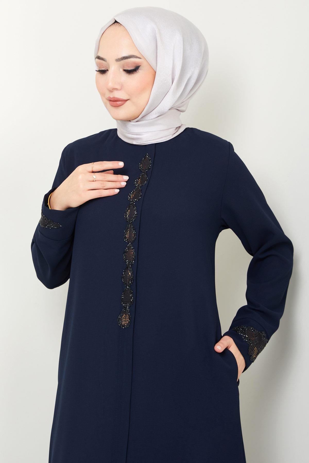 Drop Stone Detail Abaya Navy Blue HM2435 detay görseli