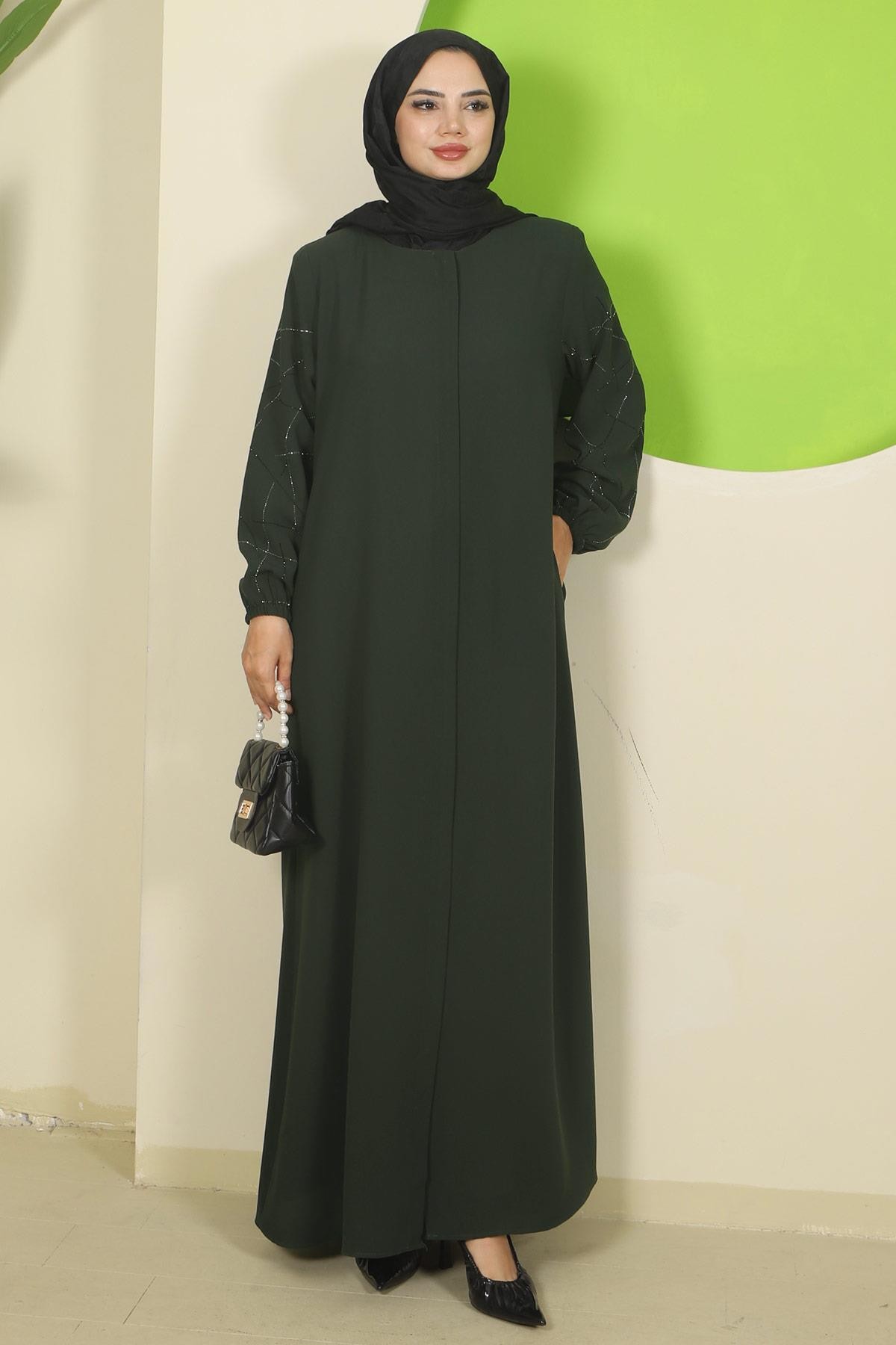 Plus Size Abaya with Stone Embellished Sleeves, Khaki HM2801