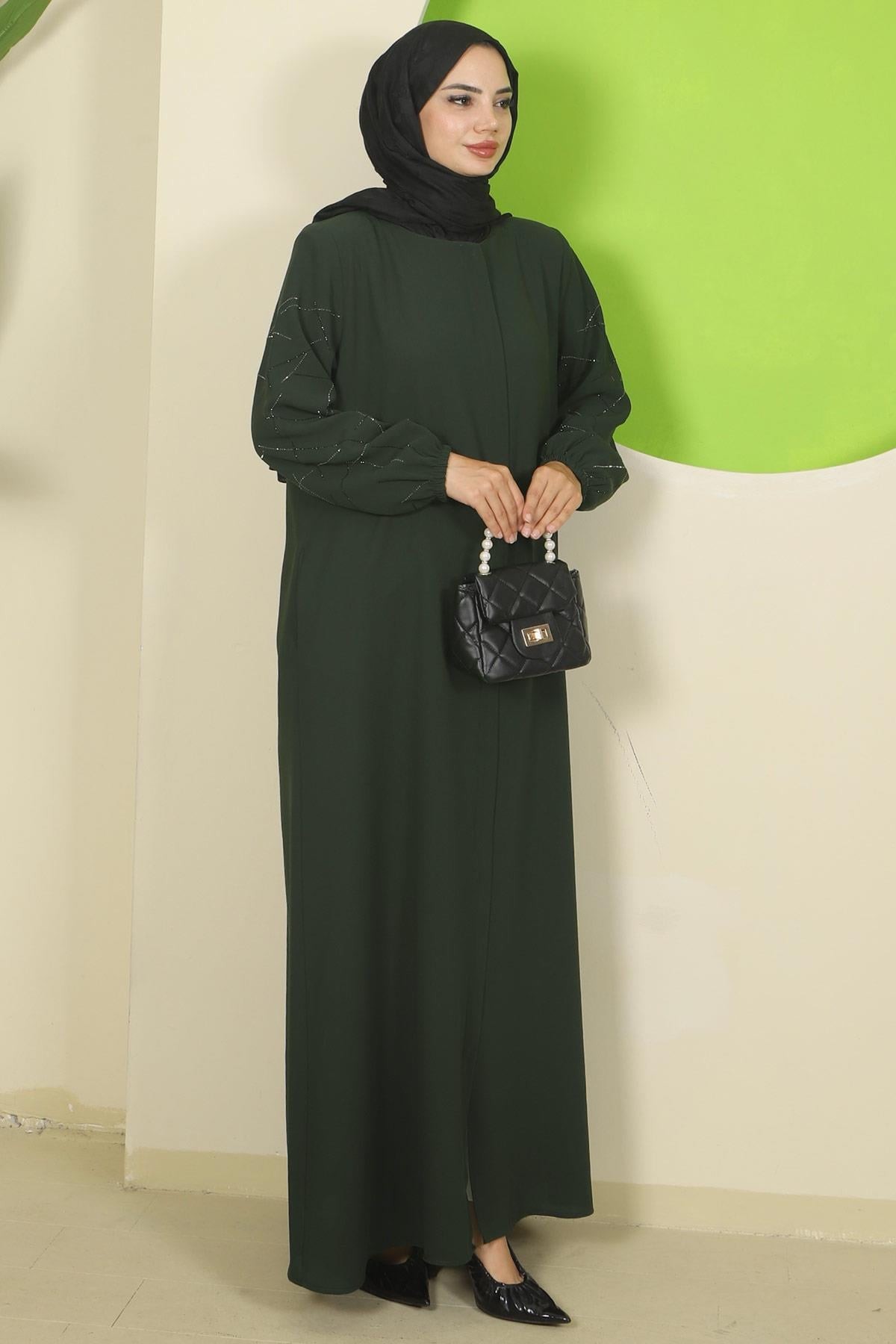 Plus Size Abaya with Stone Embellished Sleeves, Khaki HM2801 detay görseli