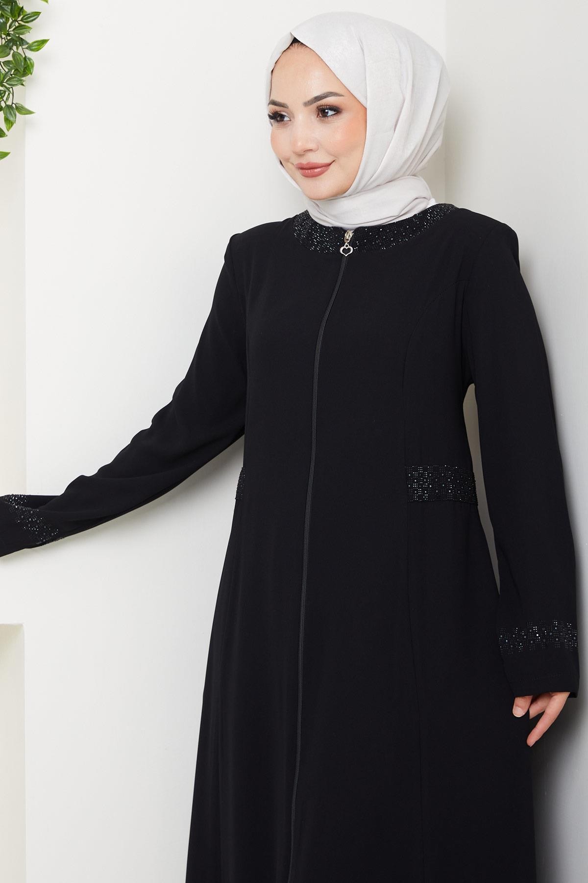 Black Abaya with Stone Detail on Collar and Cuffs HM2802