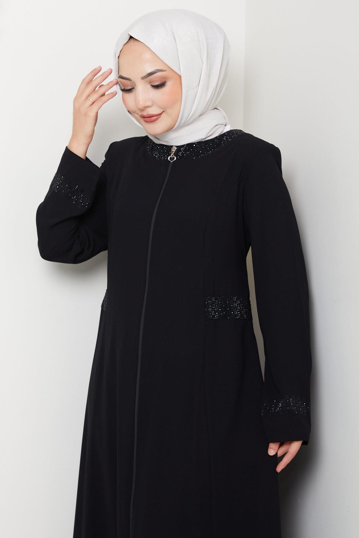 Black Abaya with Stone Detail on Collar and Cuffs HM2802