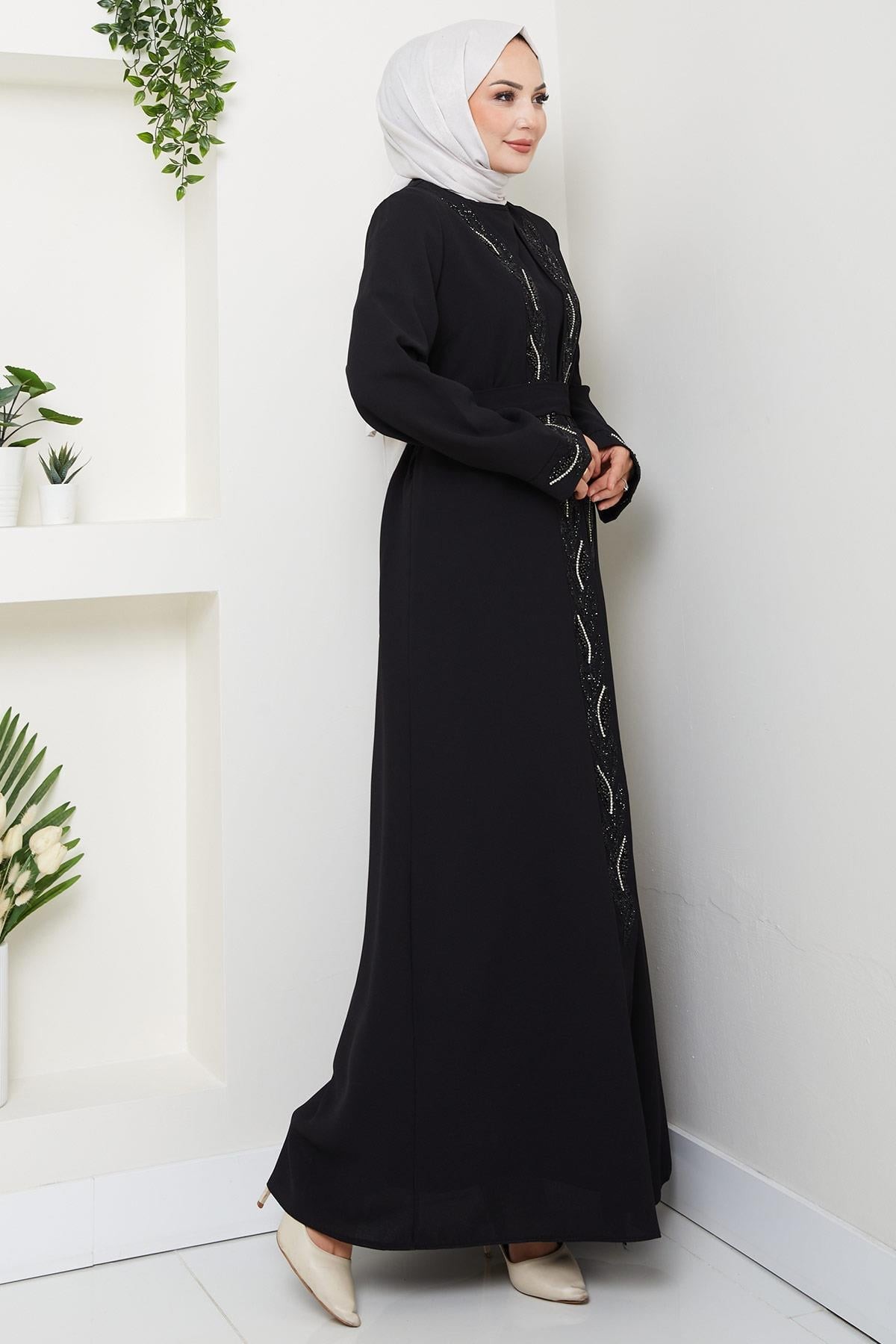 Belted Abaya with Stone Details, Black HM2803