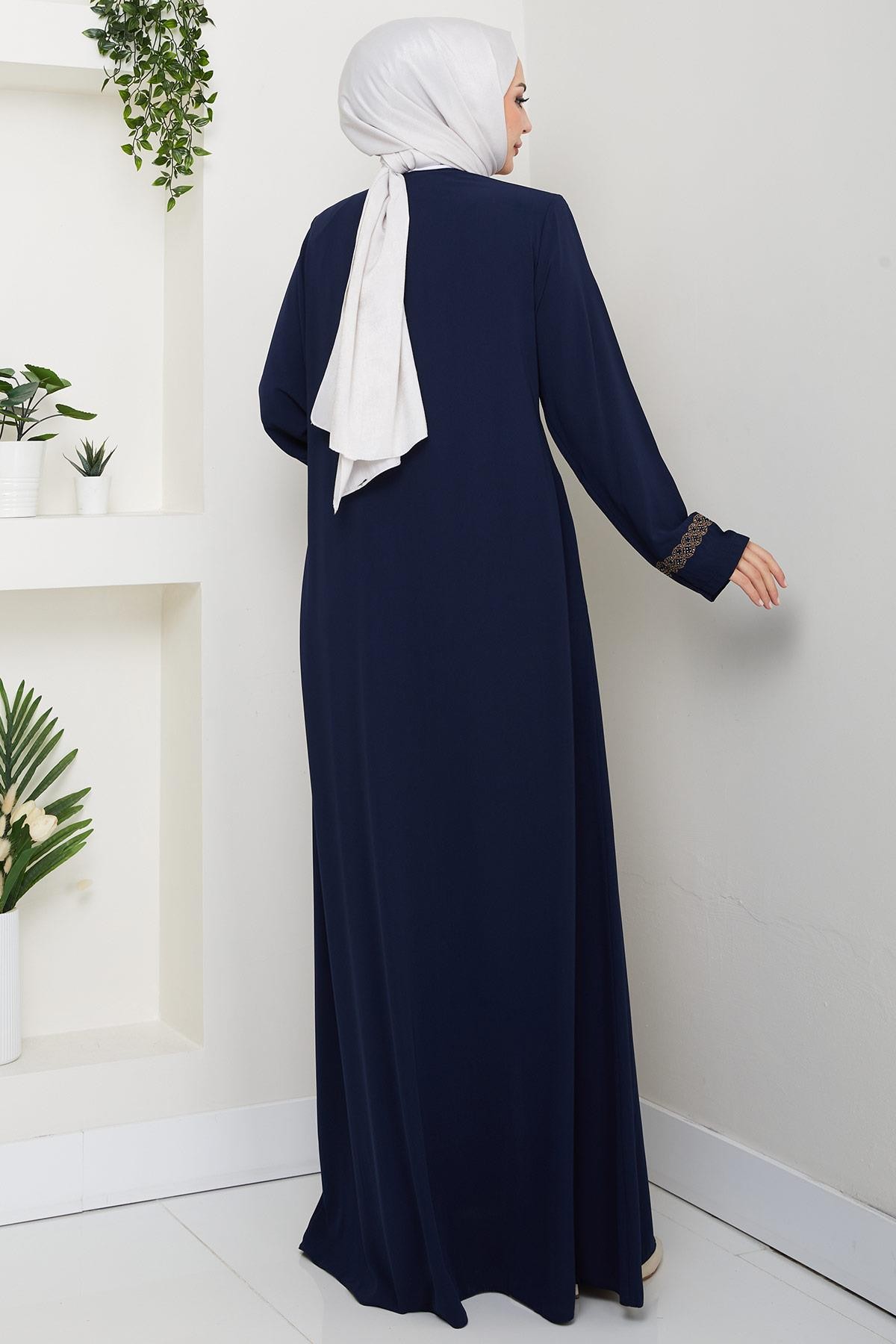 Plus Size Abaya with Floral Embroidery, Navy Blue HM2844