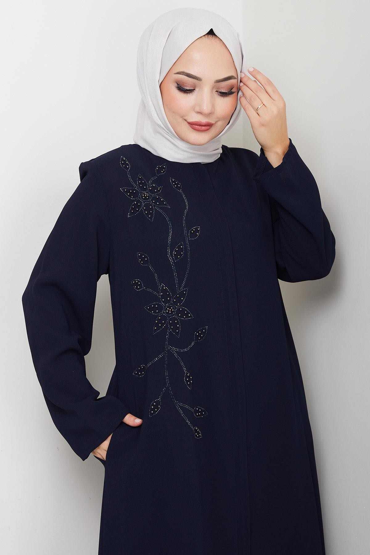 Floral Detail Embellished Abaya Navy Blue HM2847