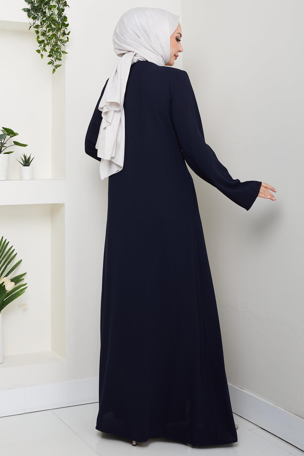 Floral Detail Embellished Abaya Navy Blue HM2847