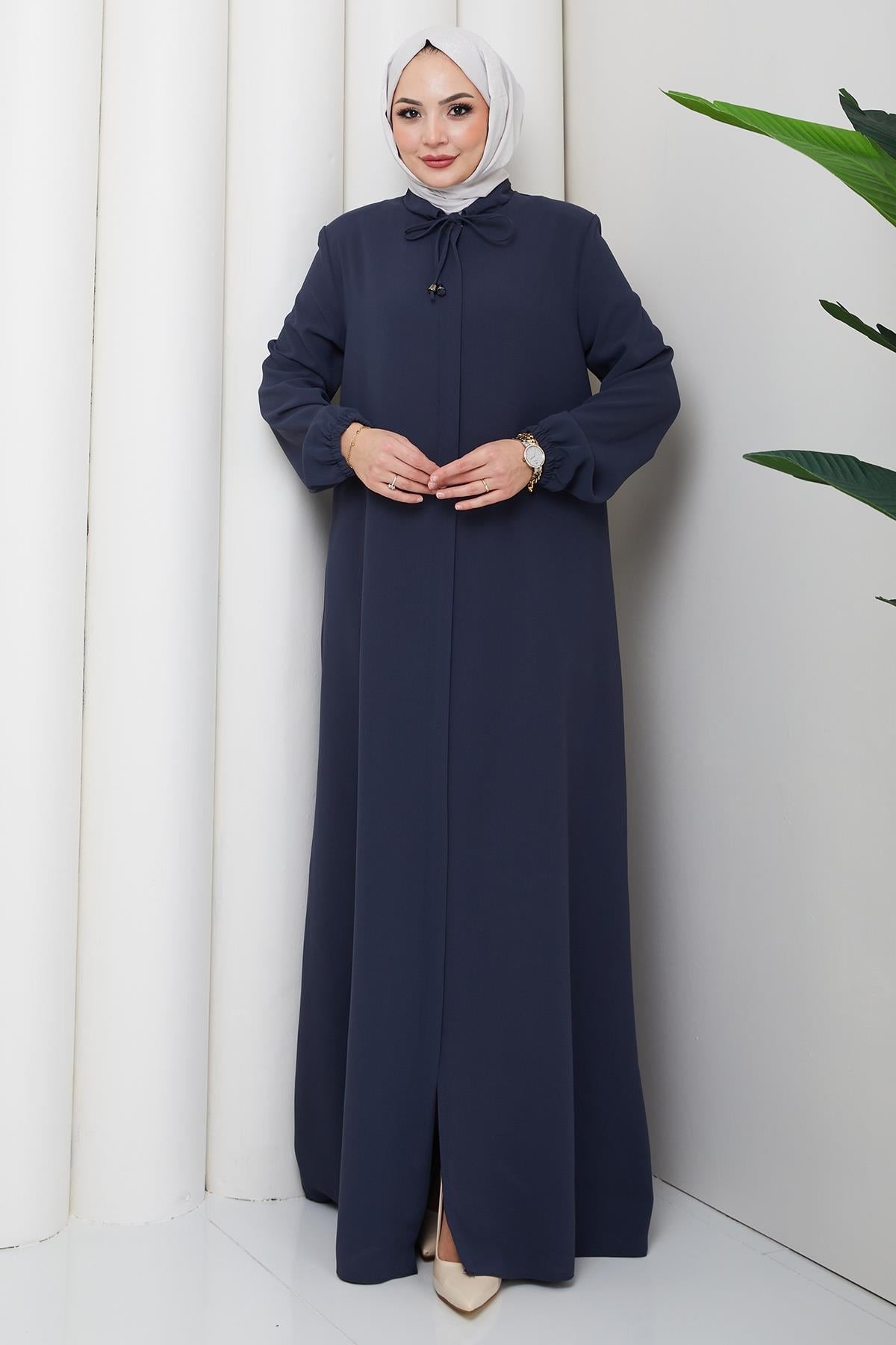 Plus Size Abaya with Lace-Up Collar Detail, Dark Gray HM2868
