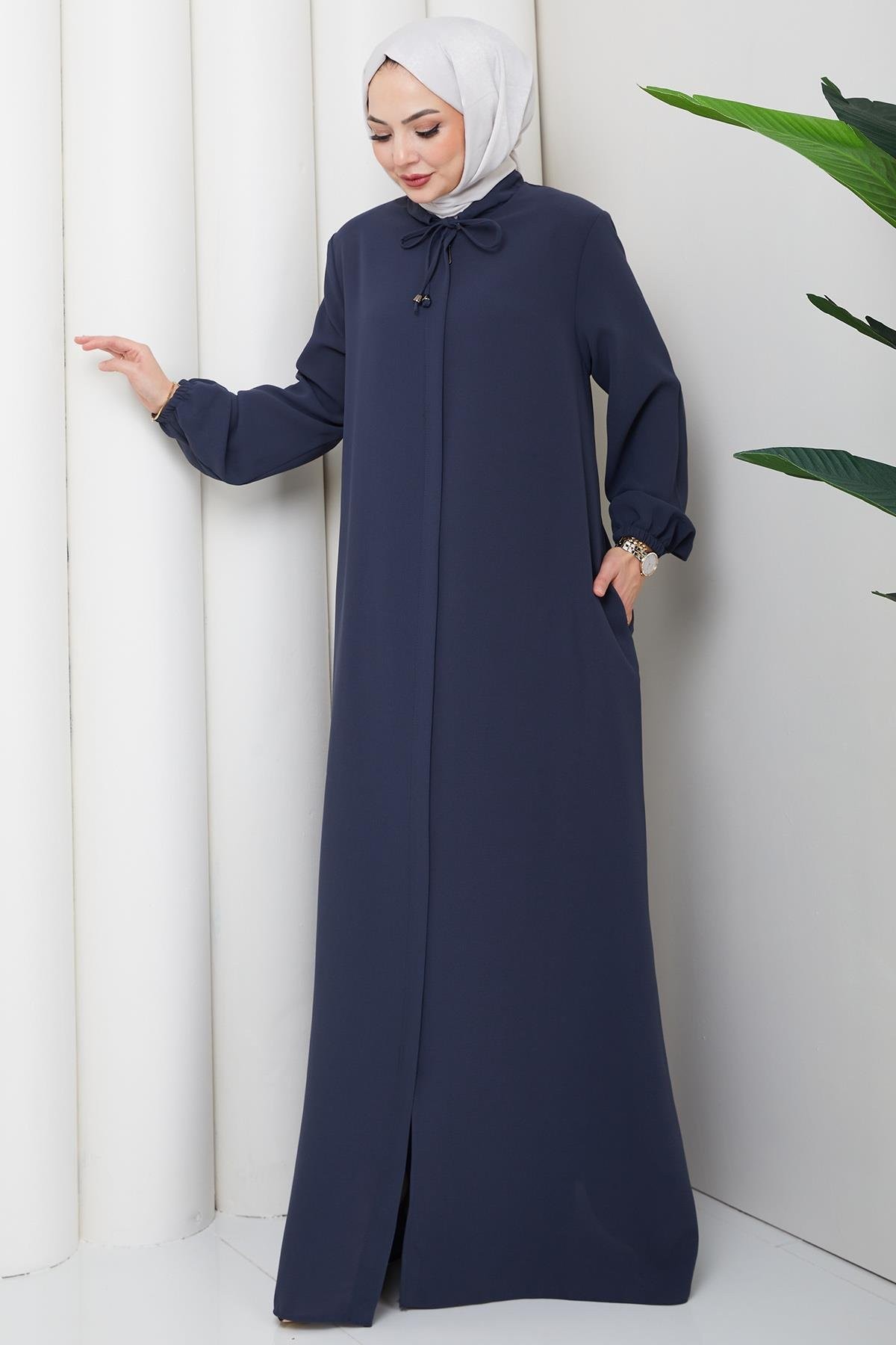 Plus Size Abaya with Lace-Up Collar Detail, Dark Gray HM2868