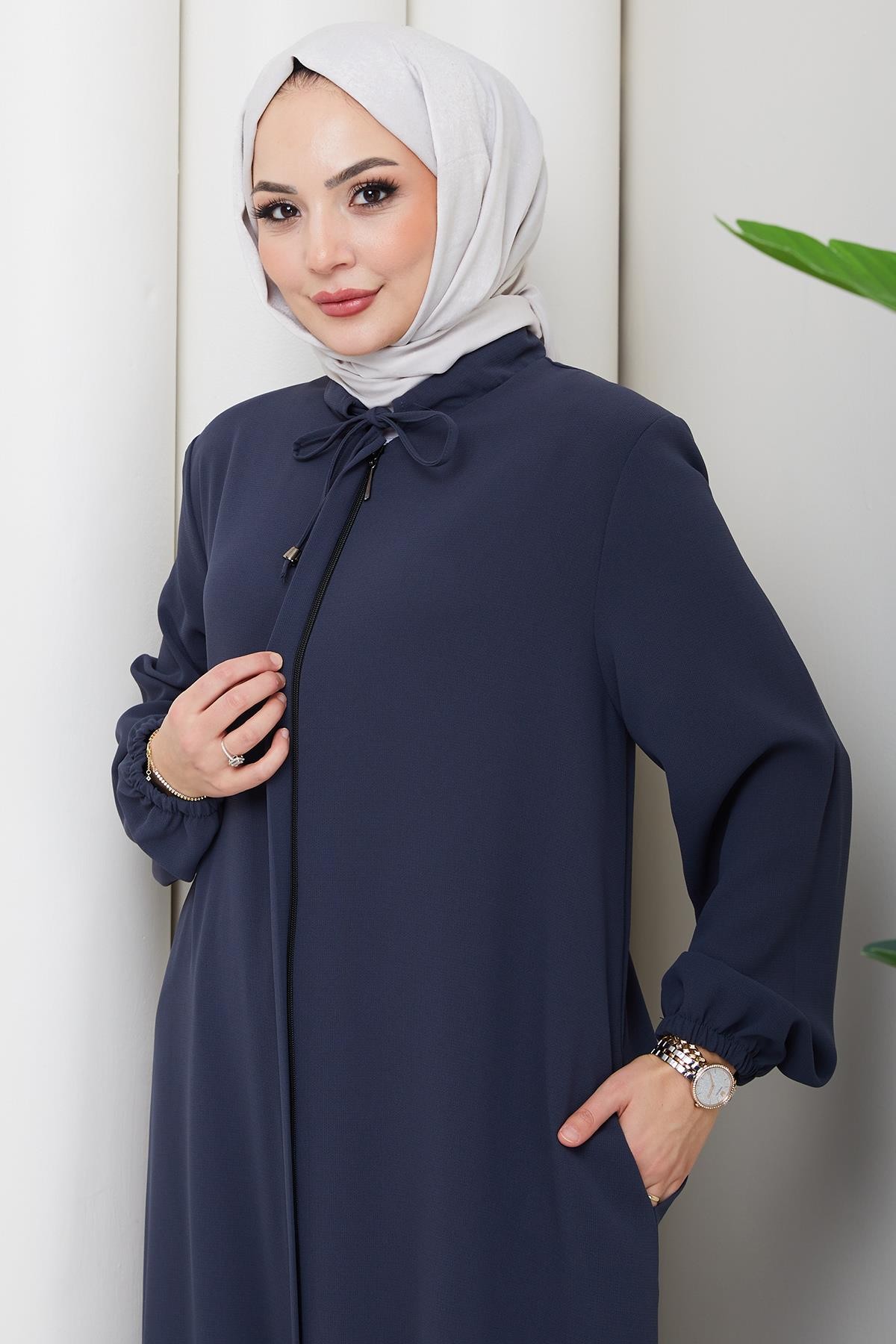 Plus Size Abaya with Lace-Up Collar Detail, Dark Gray HM2868