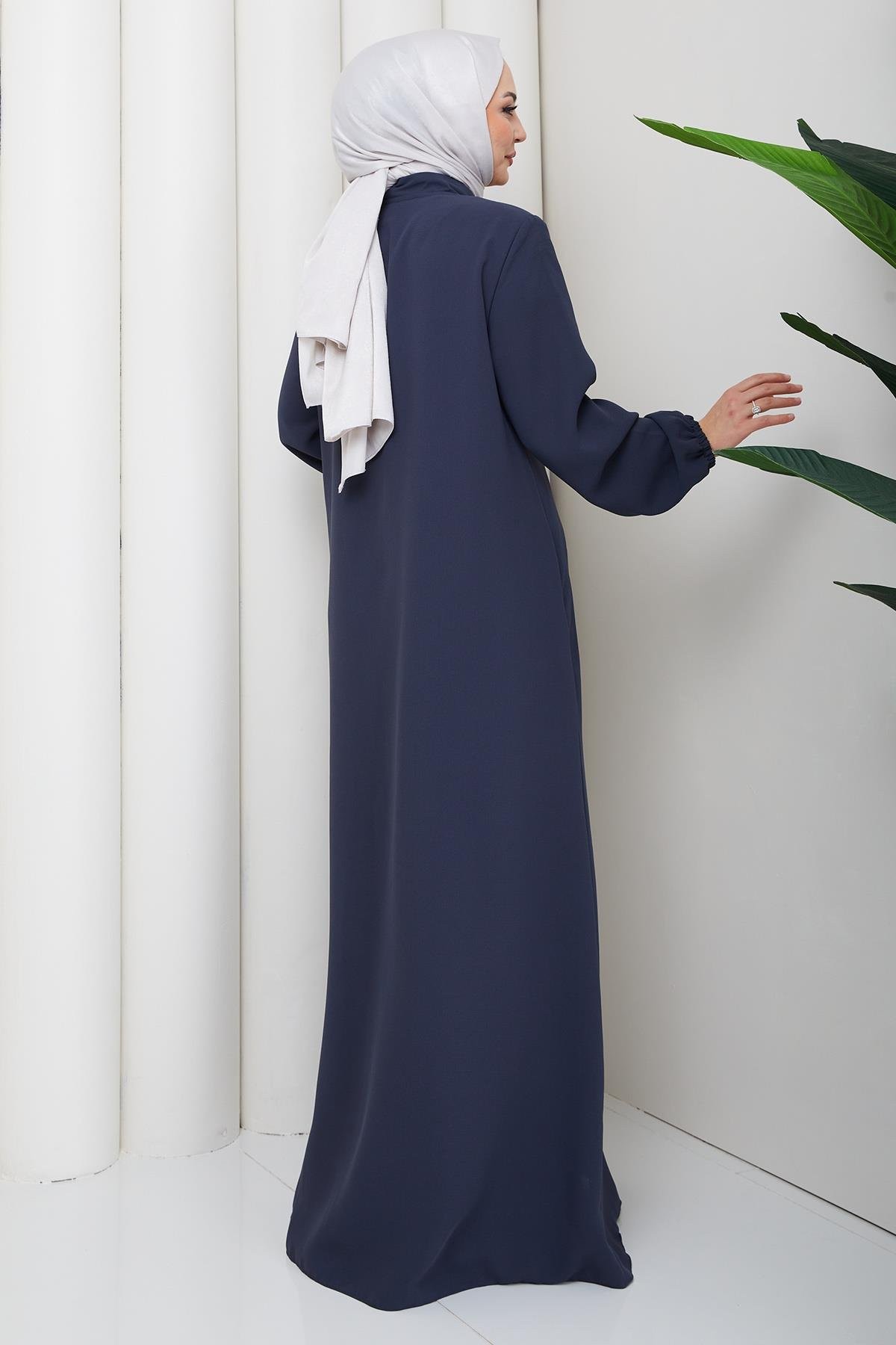 Plus Size Abaya with Lace-Up Collar Detail, Dark Gray HM2868