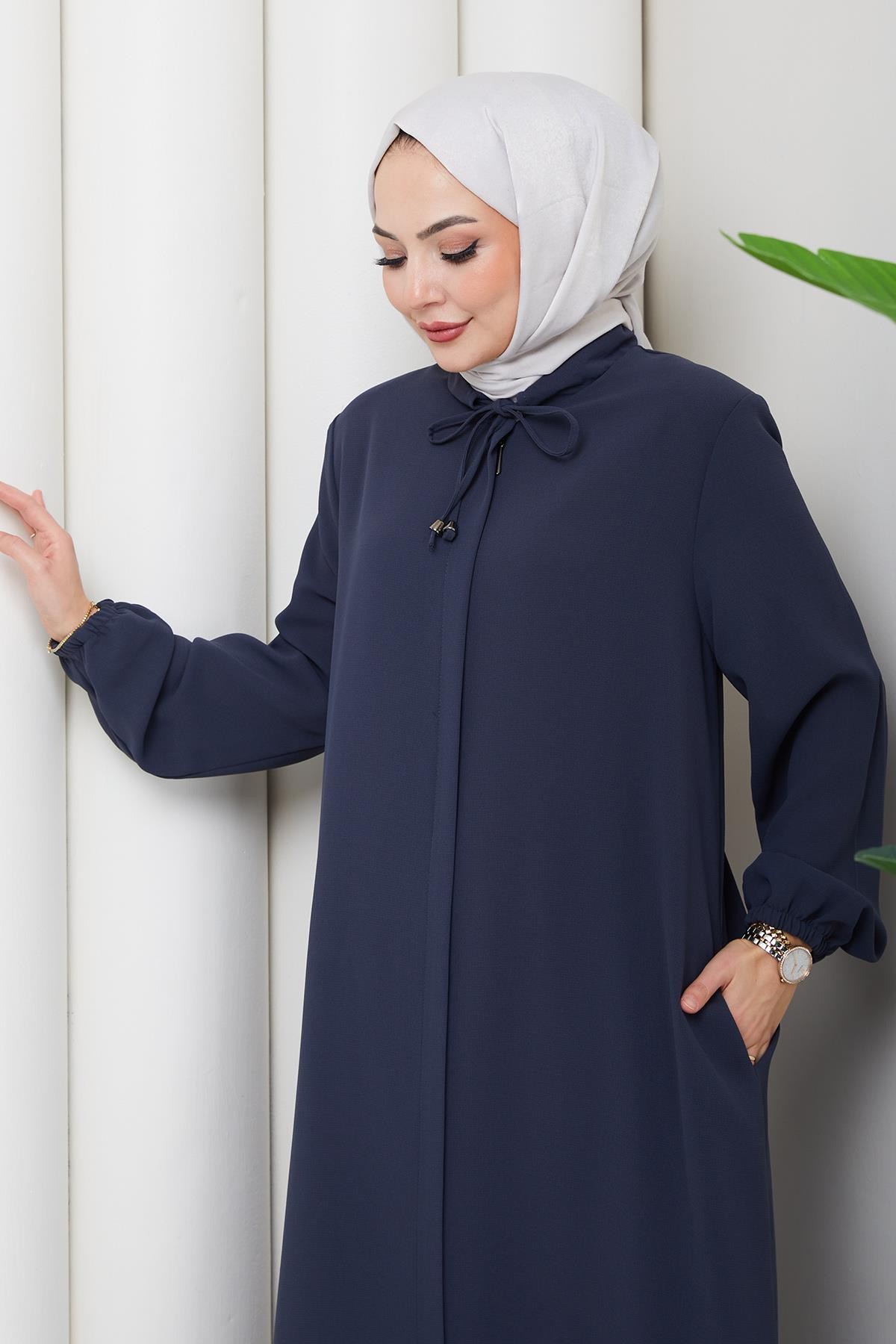 Plus Size Abaya with Lace-Up Collar Detail, Dark Gray HM2868