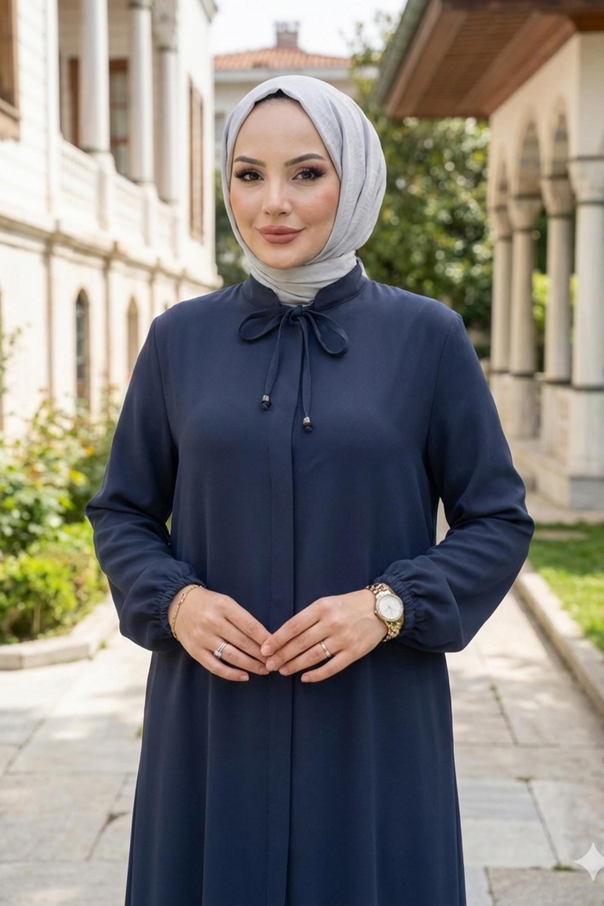 Plus Size Abaya with Lace-Up Collar Detail, Dark Gray HM2868