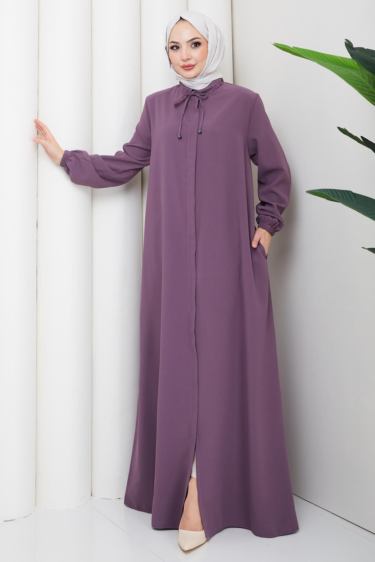 Plus Size Abaya with Lace-Up Collar, Rose Pink HM2868