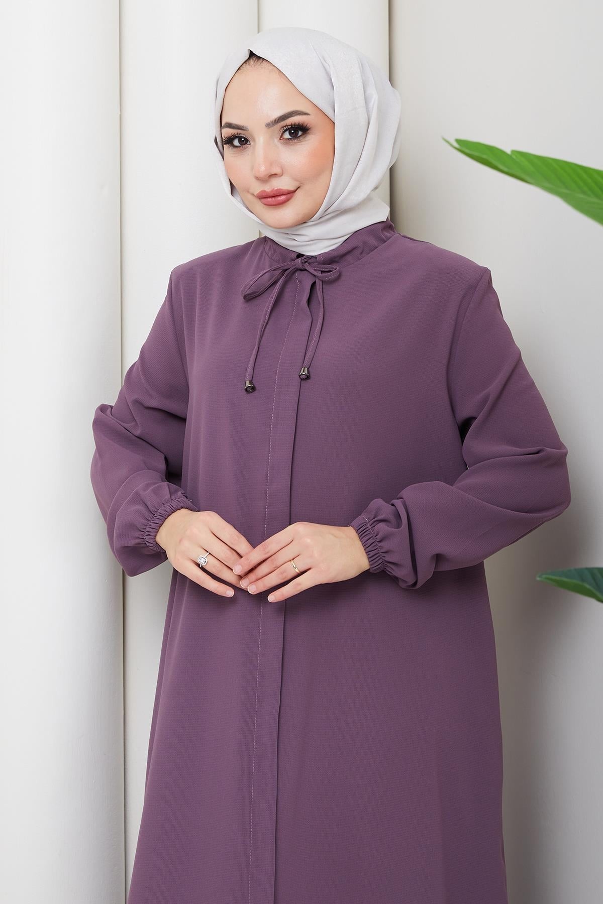 Plus Size Abaya with Lace-Up Collar, Rose Pink HM2868