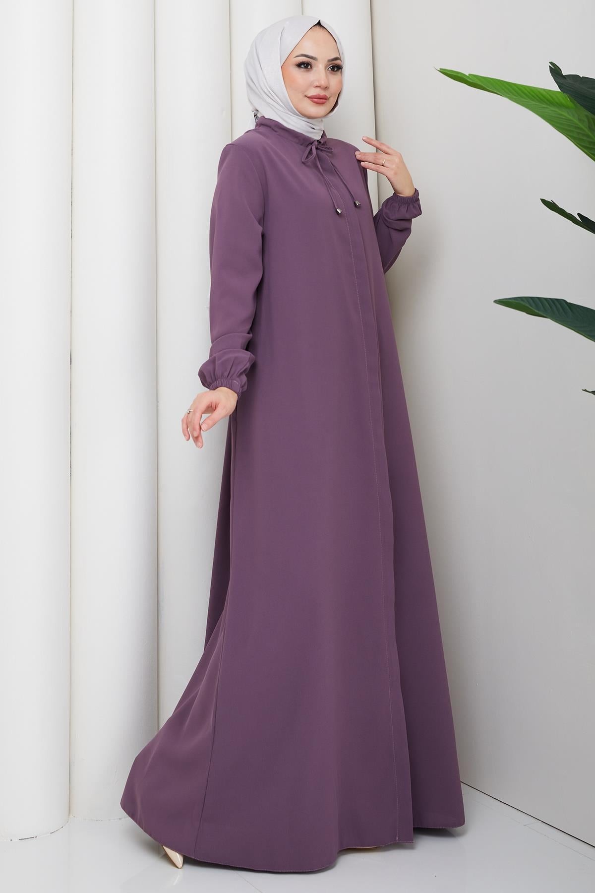 Plus Size Abaya with Lace-Up Collar, Rose Pink HM2868
