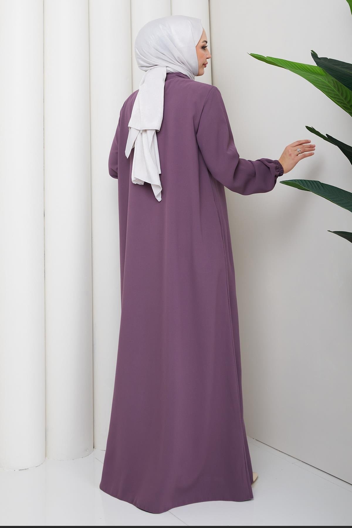 Plus Size Abaya with Lace-Up Collar, Rose Pink HM2868