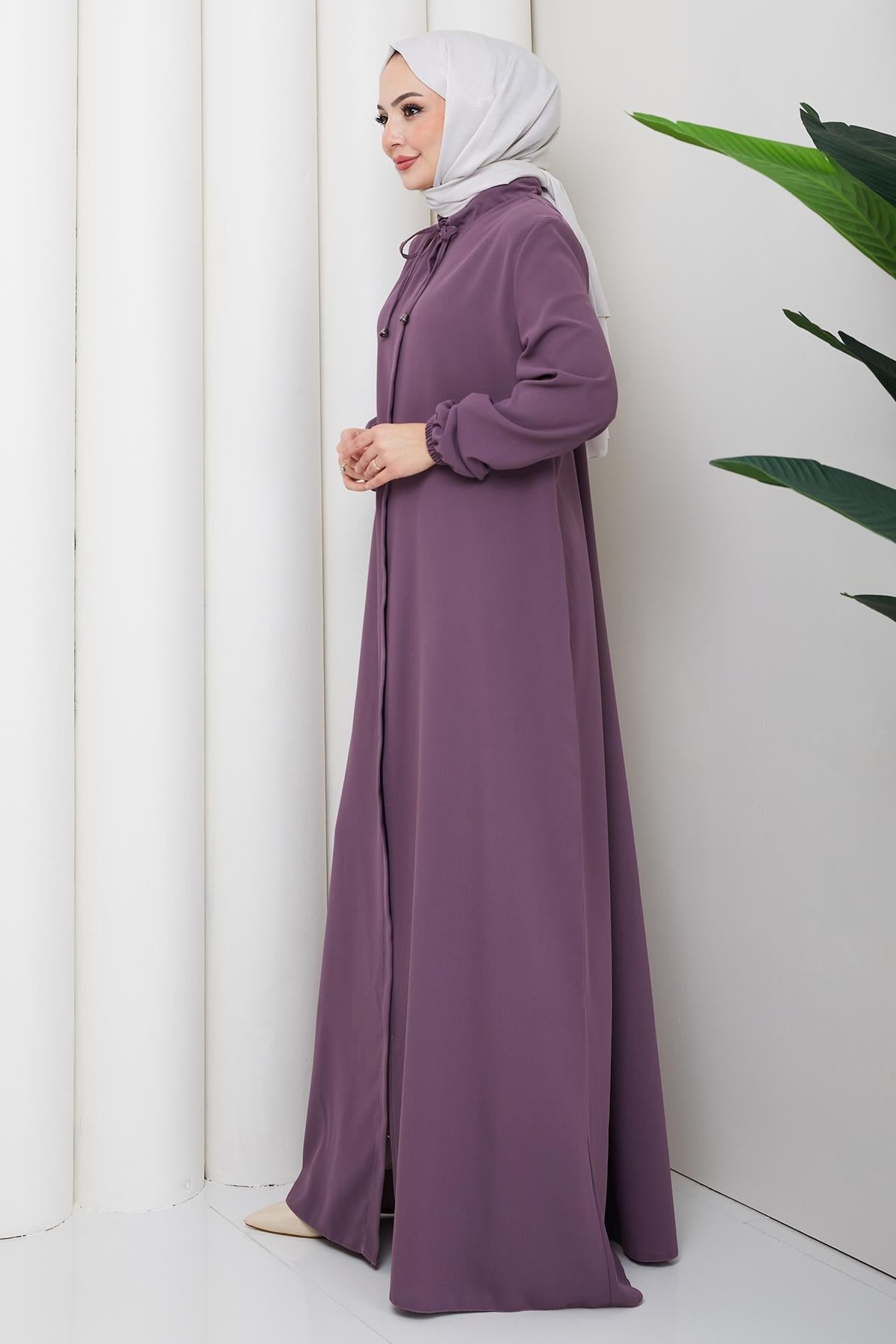 Plus Size Abaya with Lace-Up Collar, Rose Pink HM2868