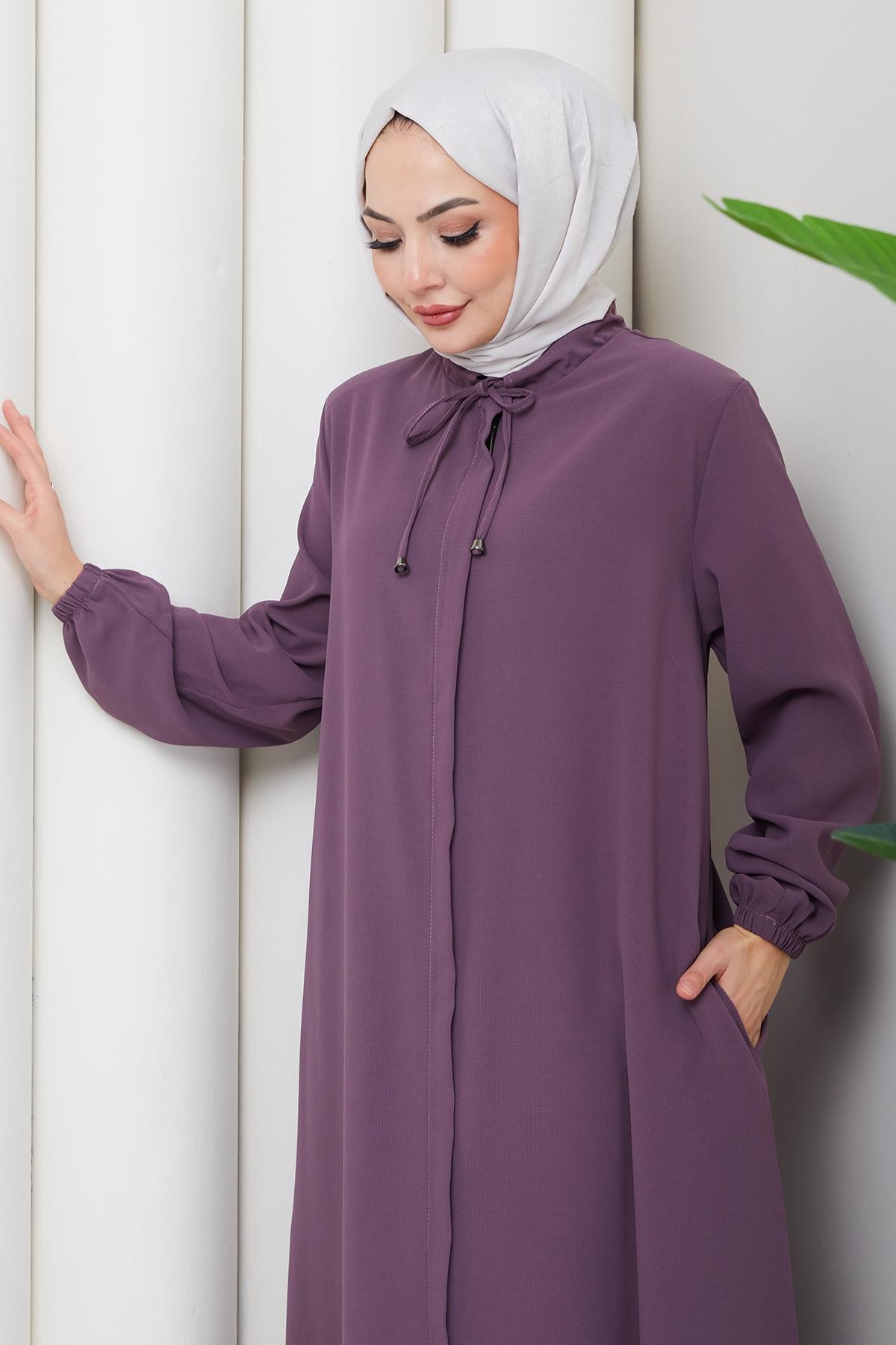 Plus Size Abaya with Lace-Up Collar, Rose Pink HM2868 detay görseli