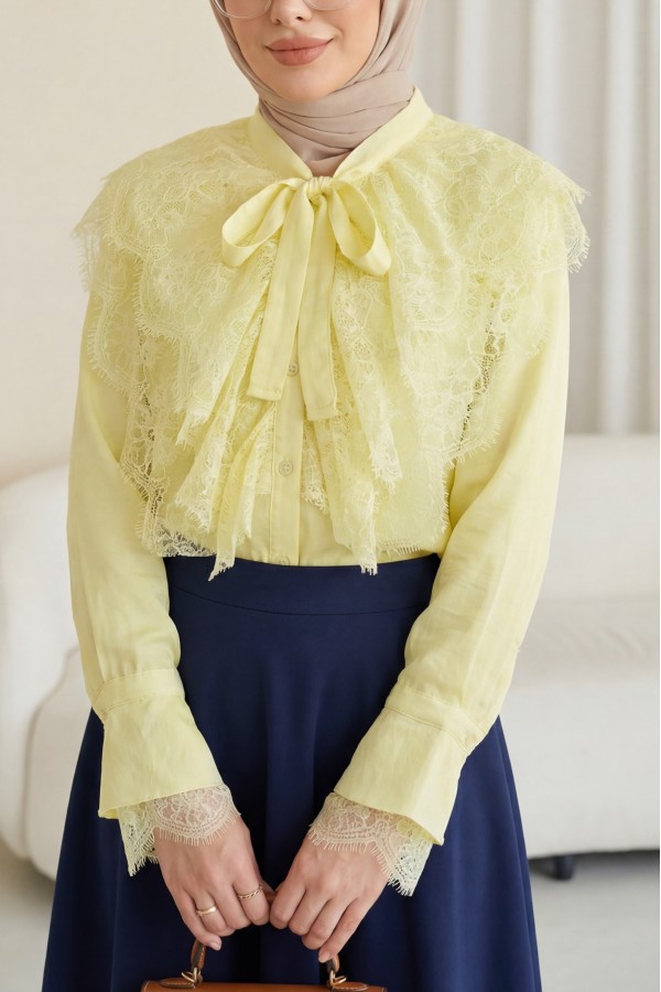 Long Back Cupra Shirt with Lace Detail and Lace Neckline -Light yellow