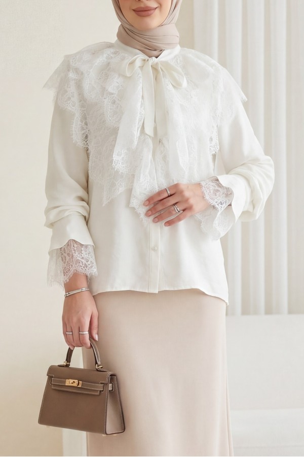 Long Back Cupra Shirt with Lace Detail and Lace Neckline  -Ecru