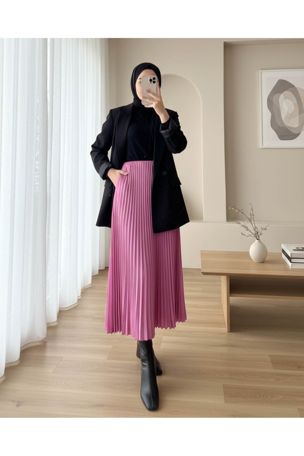 Pliseli Beli Lastikli Etek       -Pembe