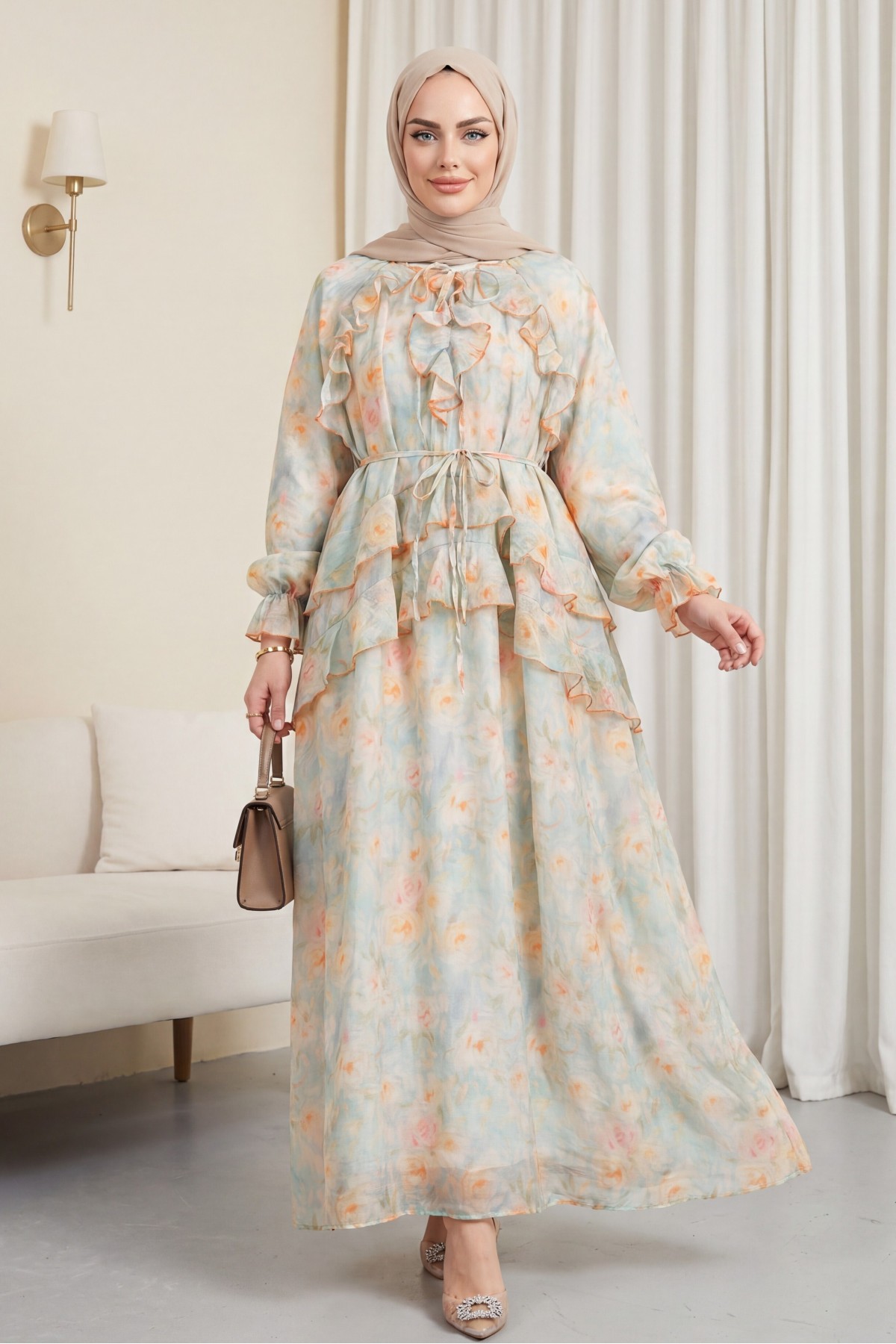 Lined chiffon dress with lace-up neckline, elasticated sleeves, and ruffle details. -Mint Color