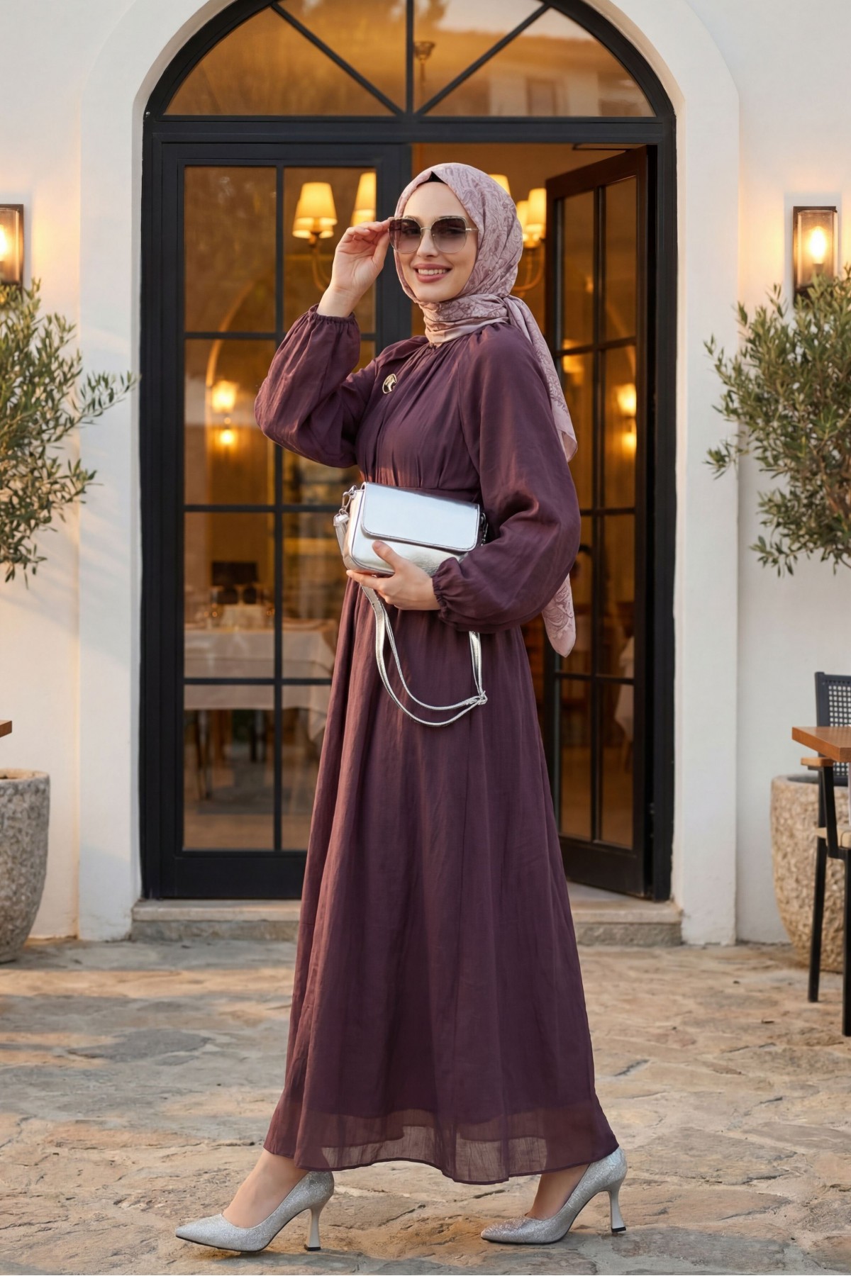 Belted, Elasticated Cuff, Brooch-Detailed, Lined, Linen-Look Dress -Damson