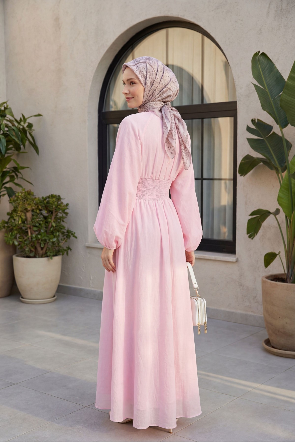 Belted, Elasticated Cuff, Brooch-Detailed, Lined, Linen-Look Dress -Powder