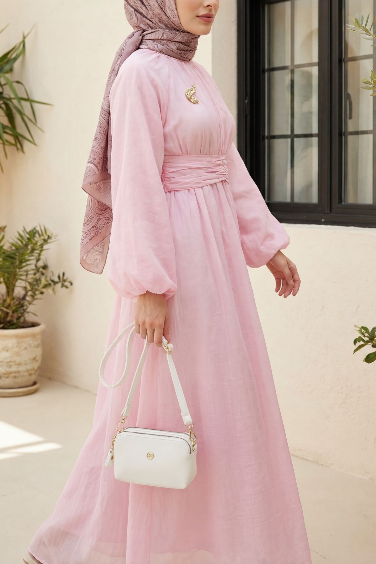 Belted, Elasticated Cuff, Brooch-Detailed, Lined, Linen-Look Dress -Powder