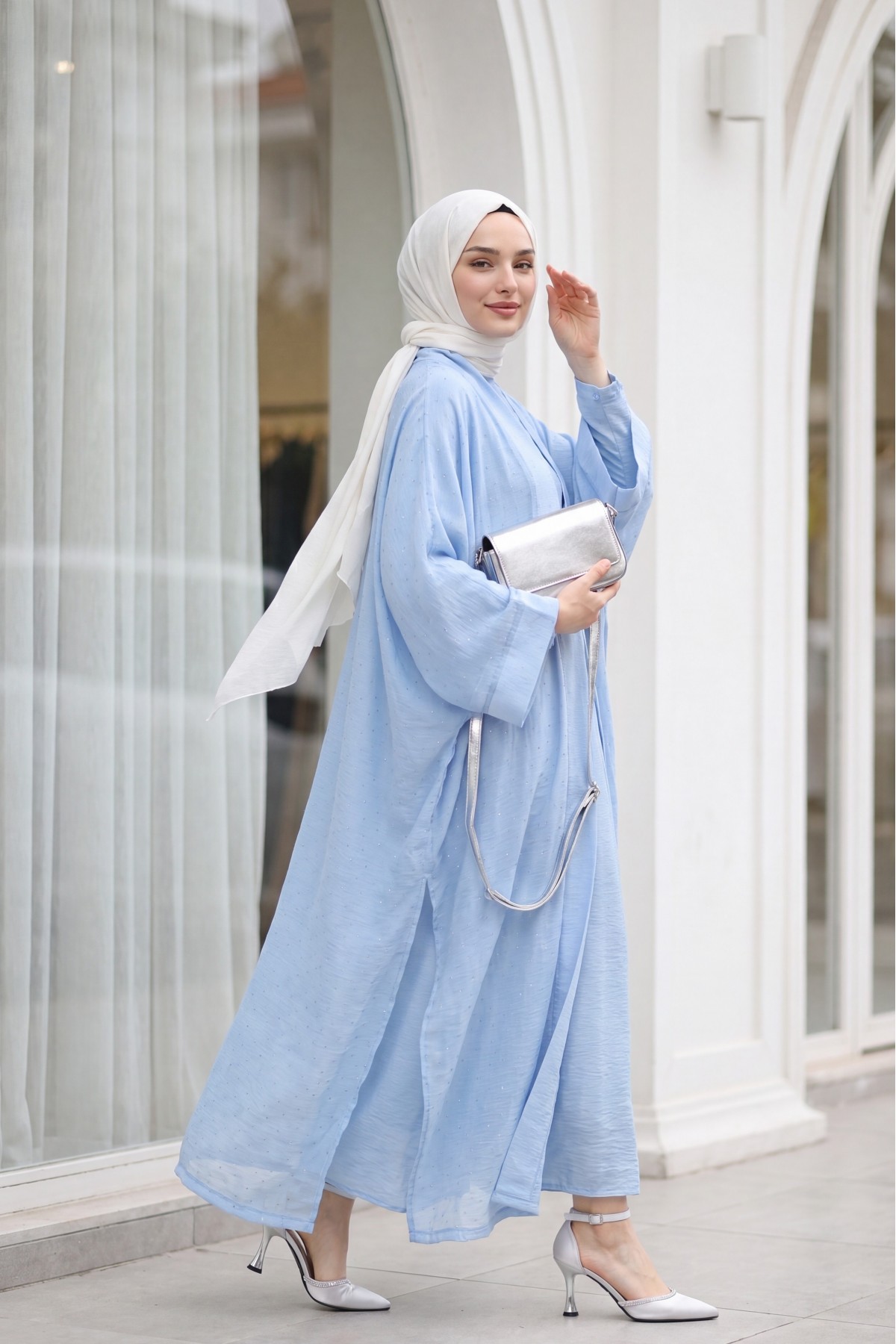 Belted, Inner Layered, Stone-Detailed, Lined Flame Tulle Abaya Set -Baby Blue