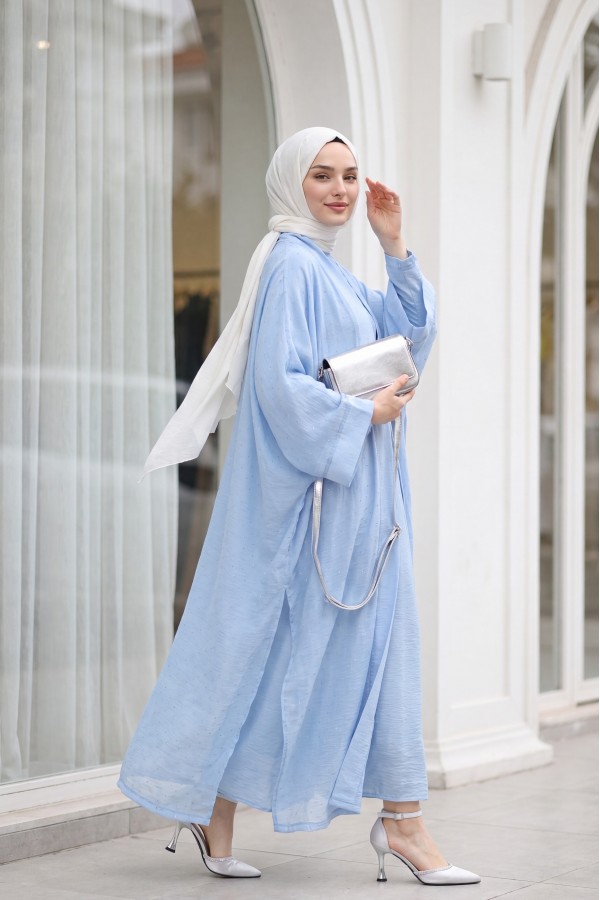 Kemerli İçlikli Taş Detaylı Astarlı Flam Tül Abaya Takım -Bebe Mavi