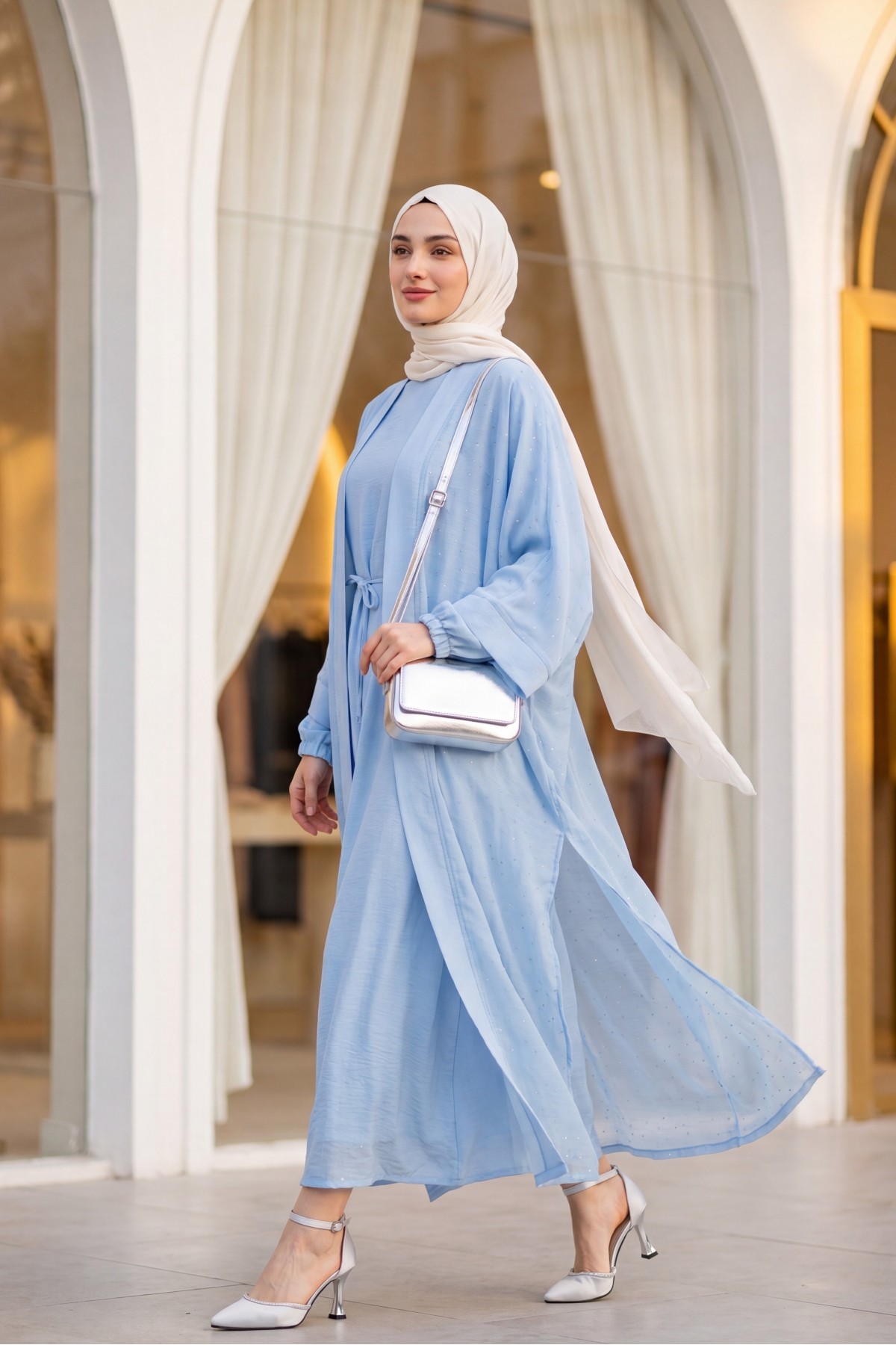 Belted, Inner Layered, Stone-Detailed, Lined Flame Tulle Abaya Set -Baby Blue