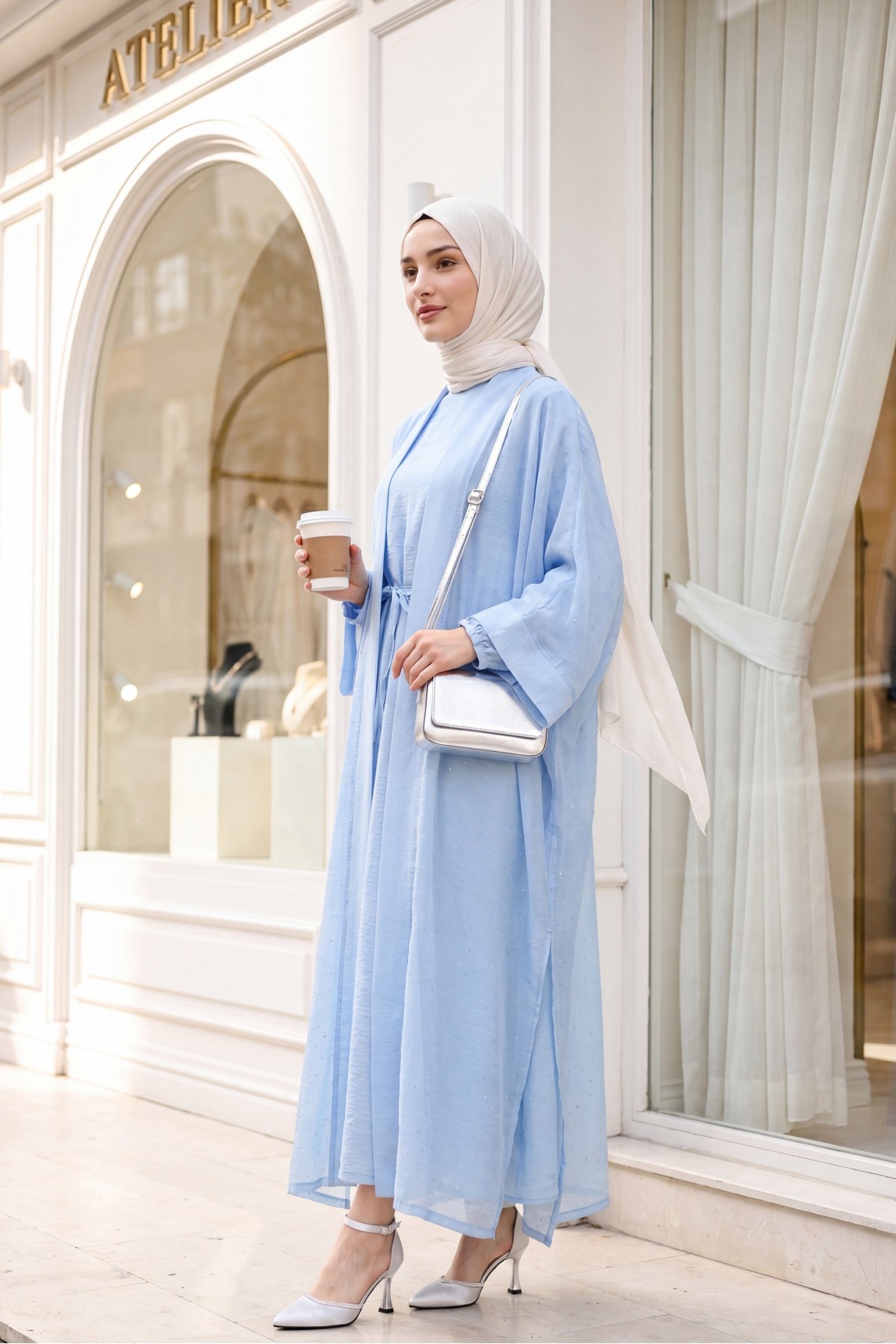 Belted, Inner Layered, Stone-Detailed, Lined Flame Tulle Abaya Set -Baby Blue