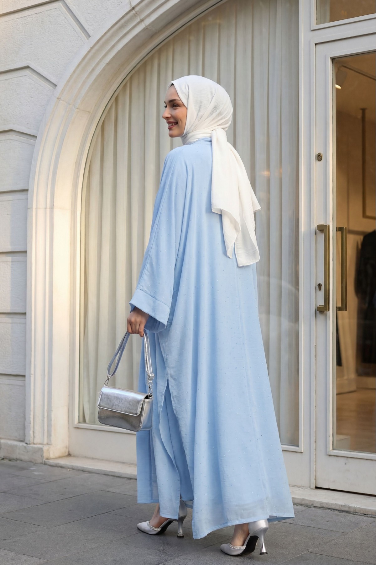 Belted, Inner Layered, Stone-Detailed, Lined Flame Tulle Abaya Set -Baby Blue
