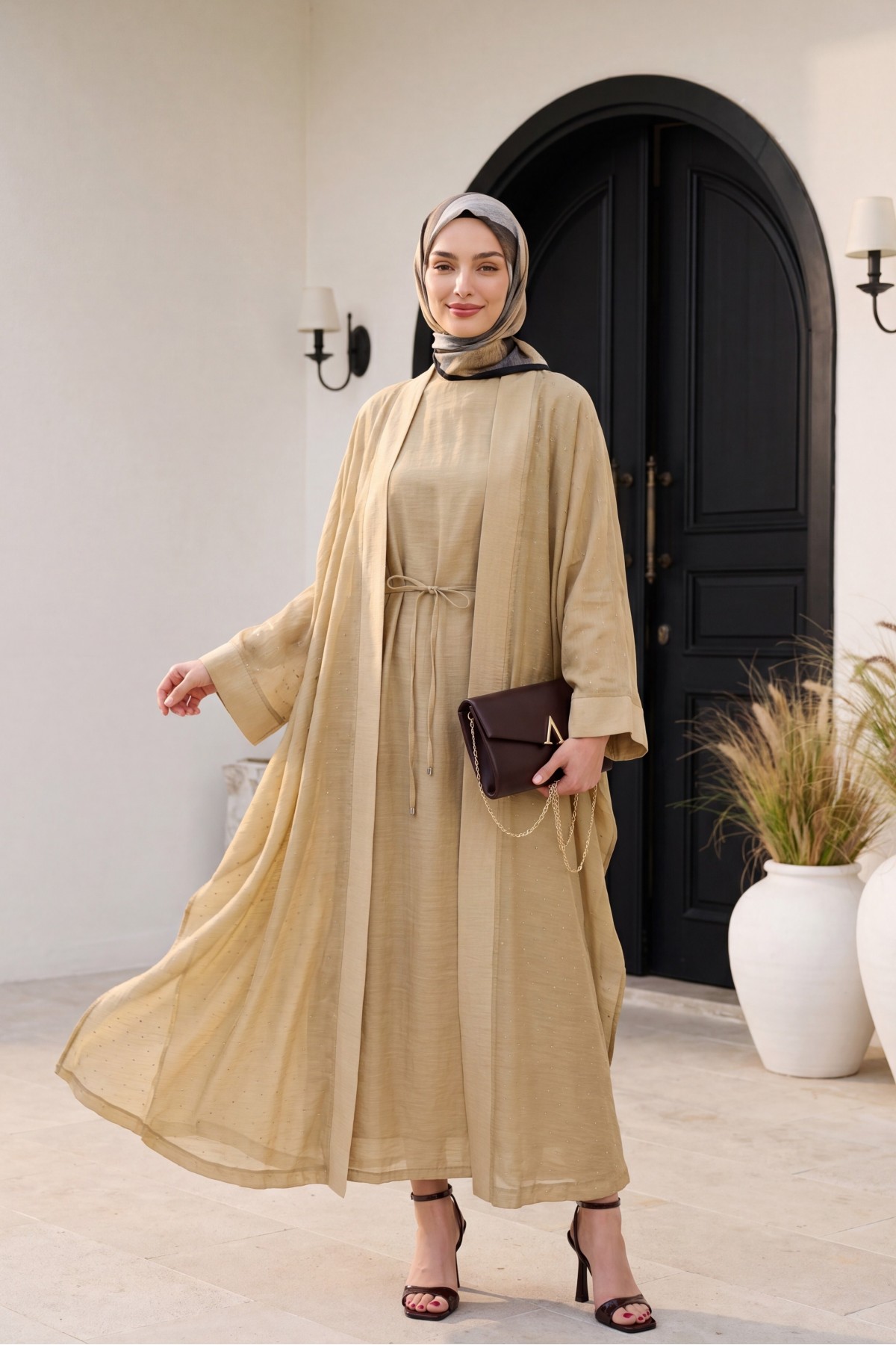 Belted, Inner Layered, Stone-Detailed, Lined Flame Tulle Abaya Set -Mink color