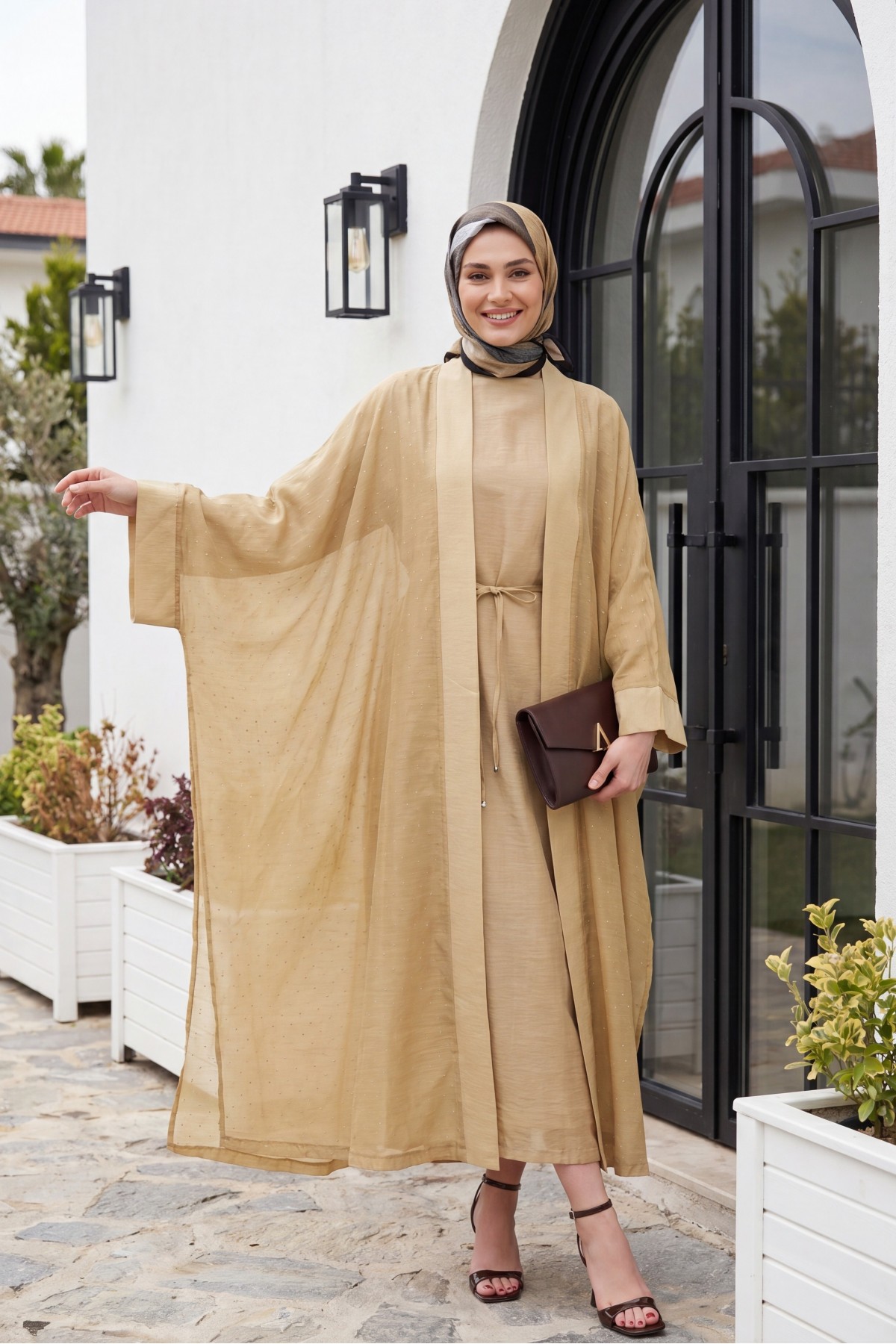 Belted, Inner Layered, Stone-Detailed, Lined Flame Tulle Abaya Set -Mink color