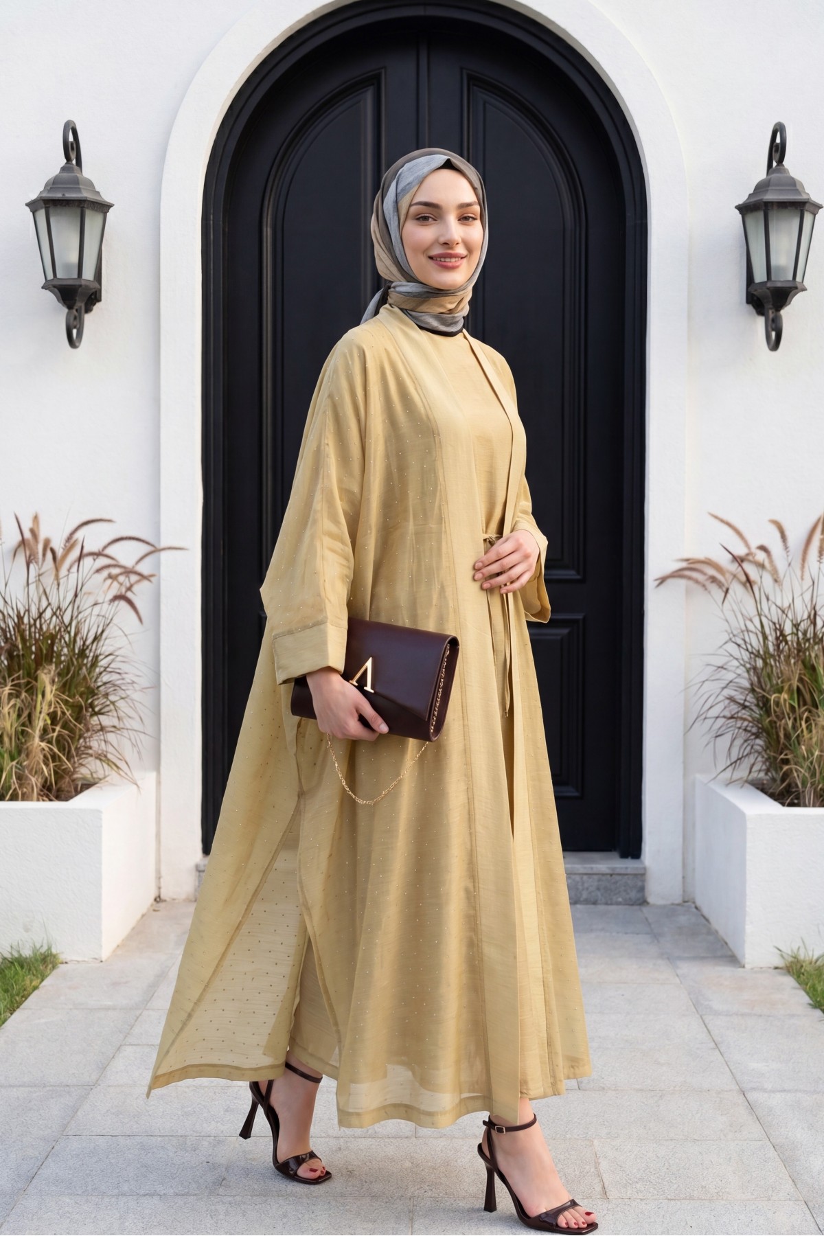 Belted, Inner Layered, Stone-Detailed, Lined Flame Tulle Abaya Set -Mink color