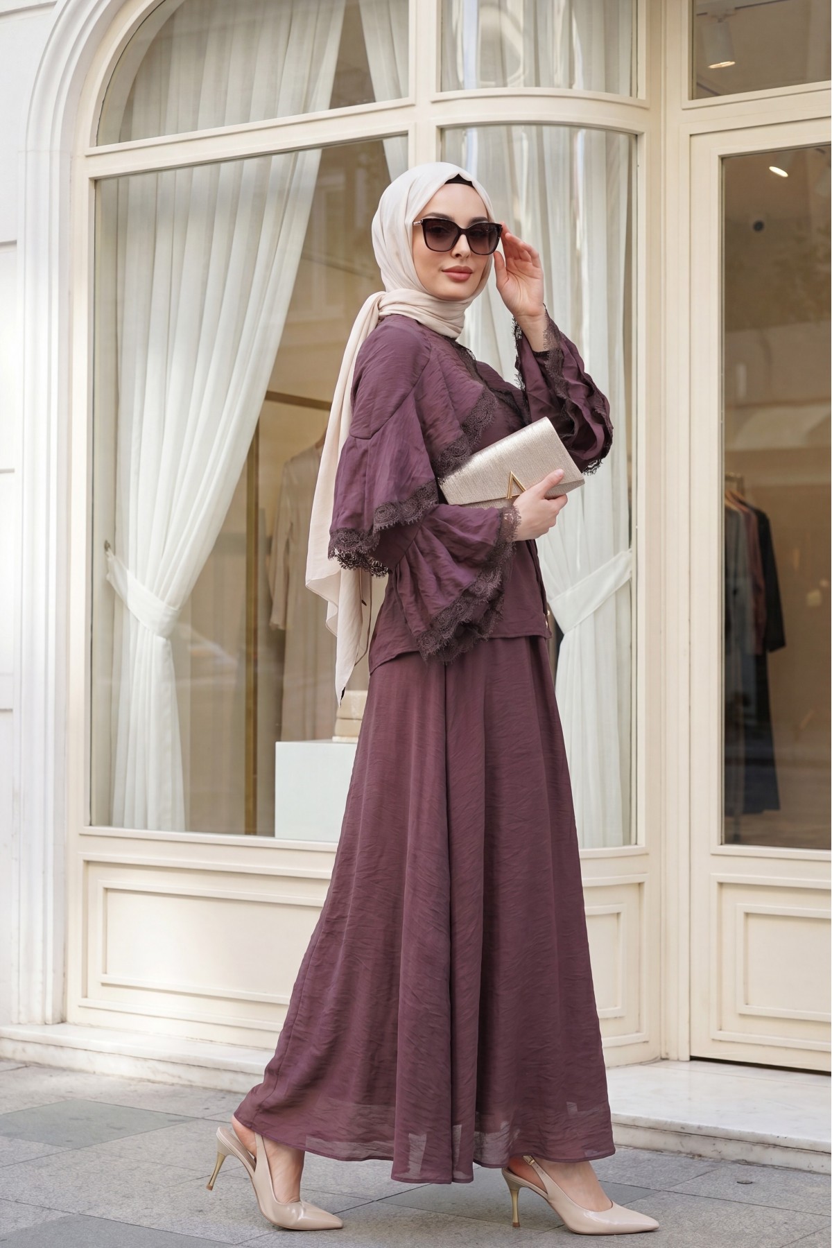Lace-detailed, Spanish-style sleeve, lined, belted tulle voile skirt set -Dark Bordo