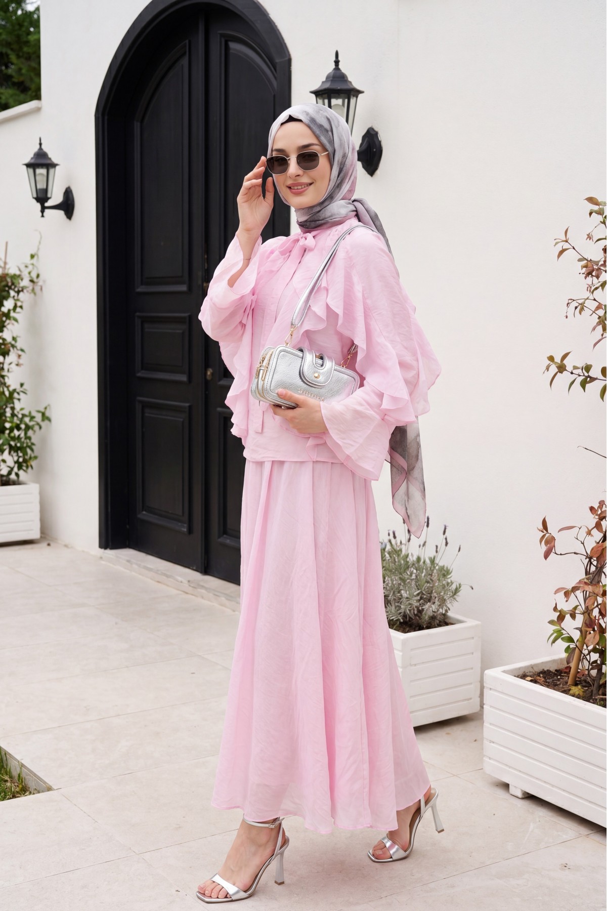 Lace-up Neckline, Ruffled Front, Lined Tulle Modal Set -Powder
