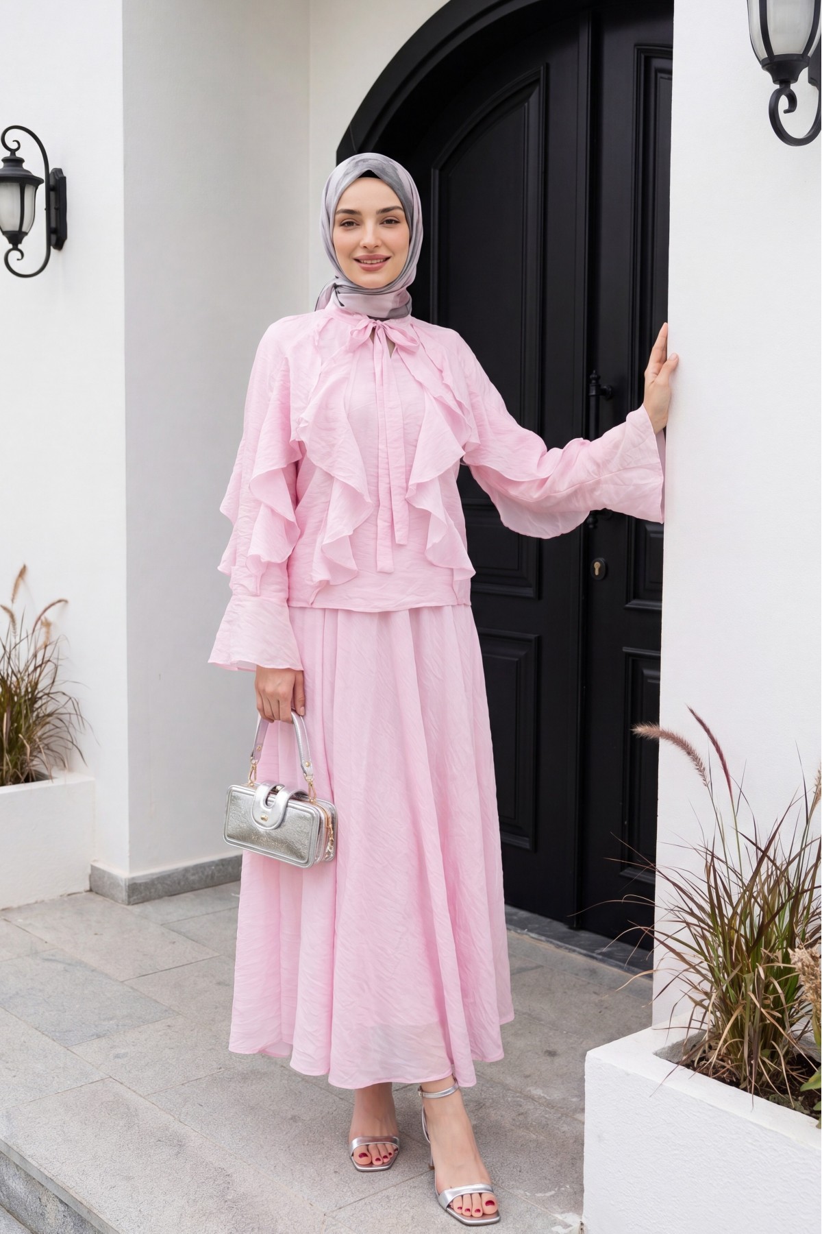 Lace-up Neckline, Ruffled Front, Lined Tulle Modal Set -Powder